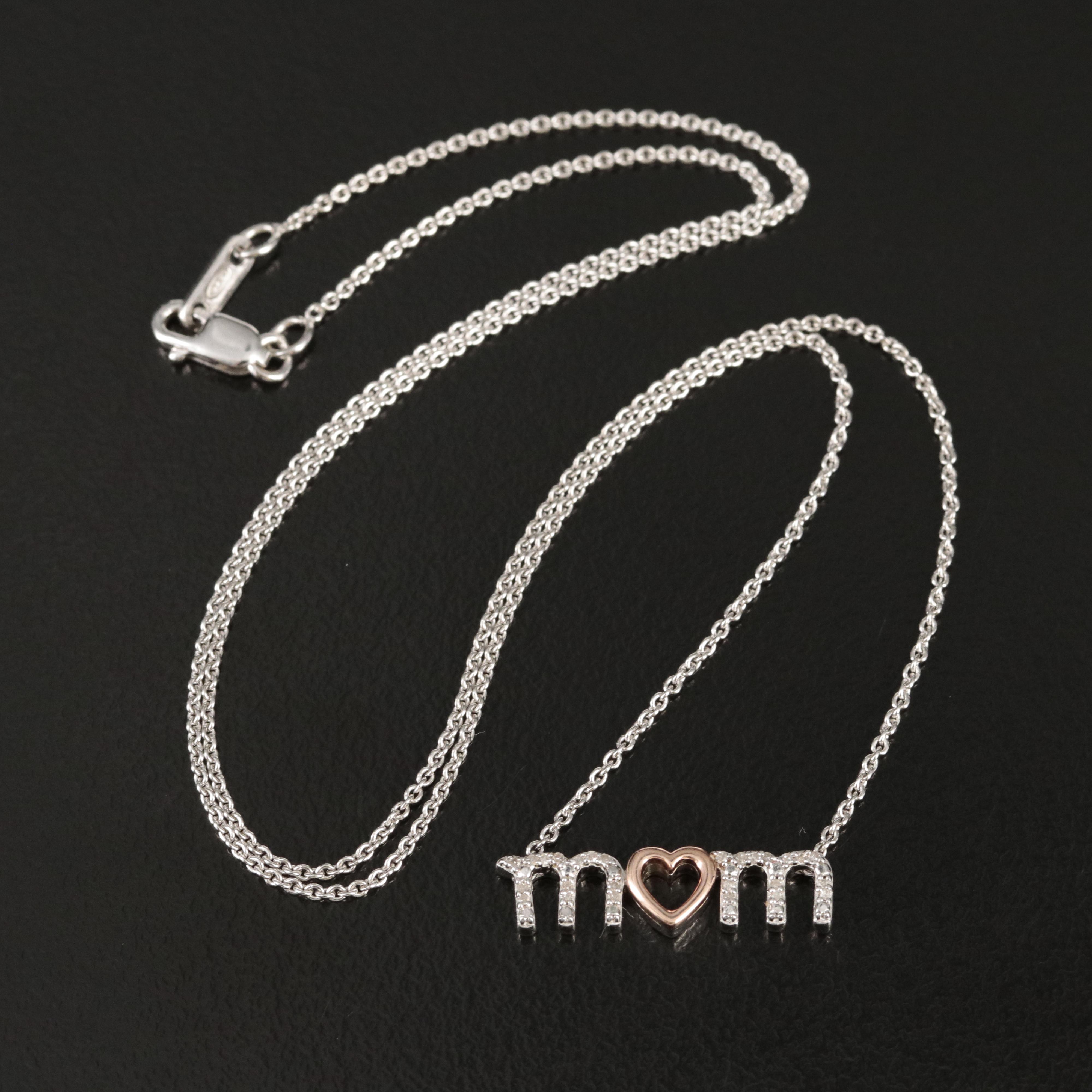 Sterling Diamond Mom with Heart Necklace with 10K Rose Gold Accent