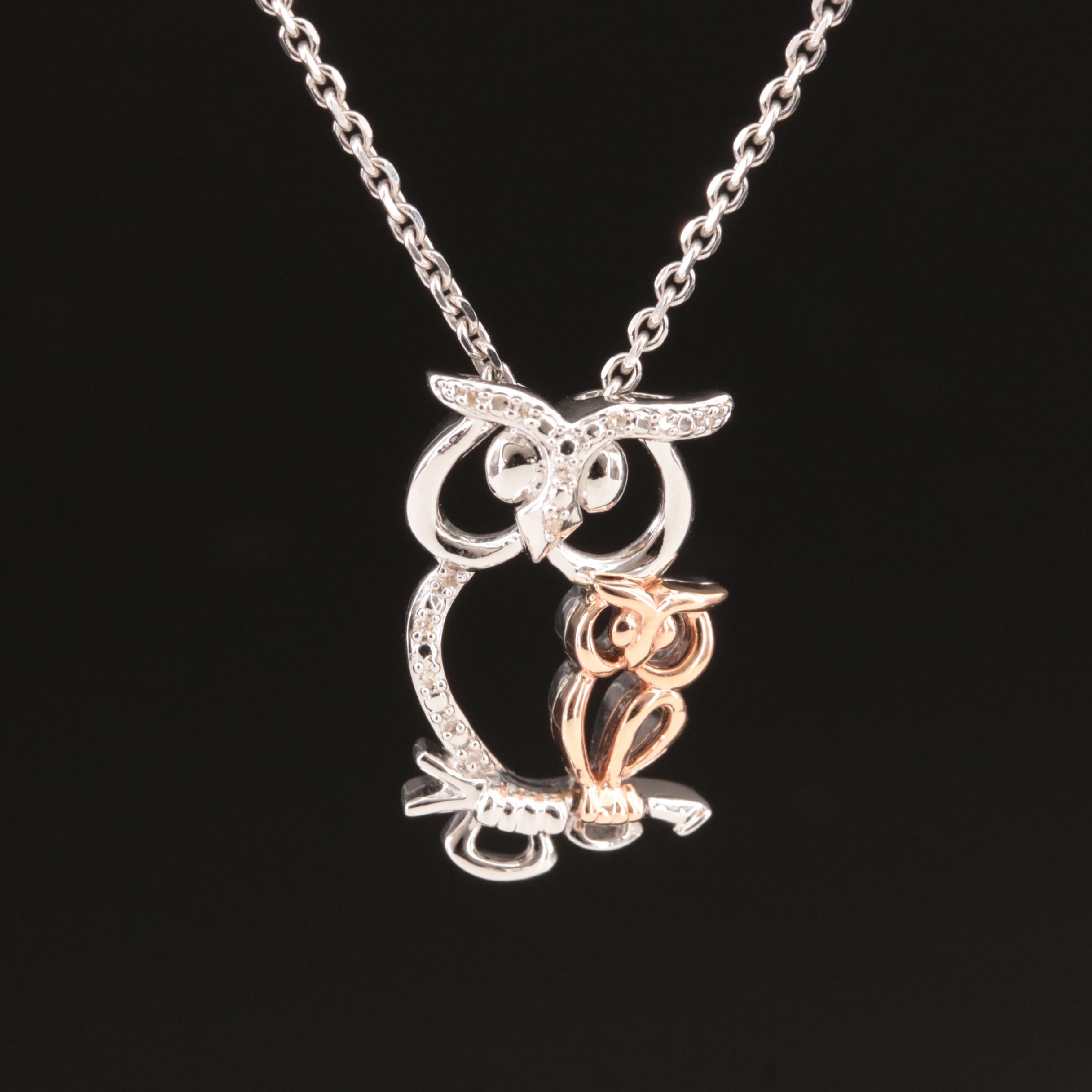 Sterling Diamond Owl Pendant Necklace with 10K Rose Gold Accent