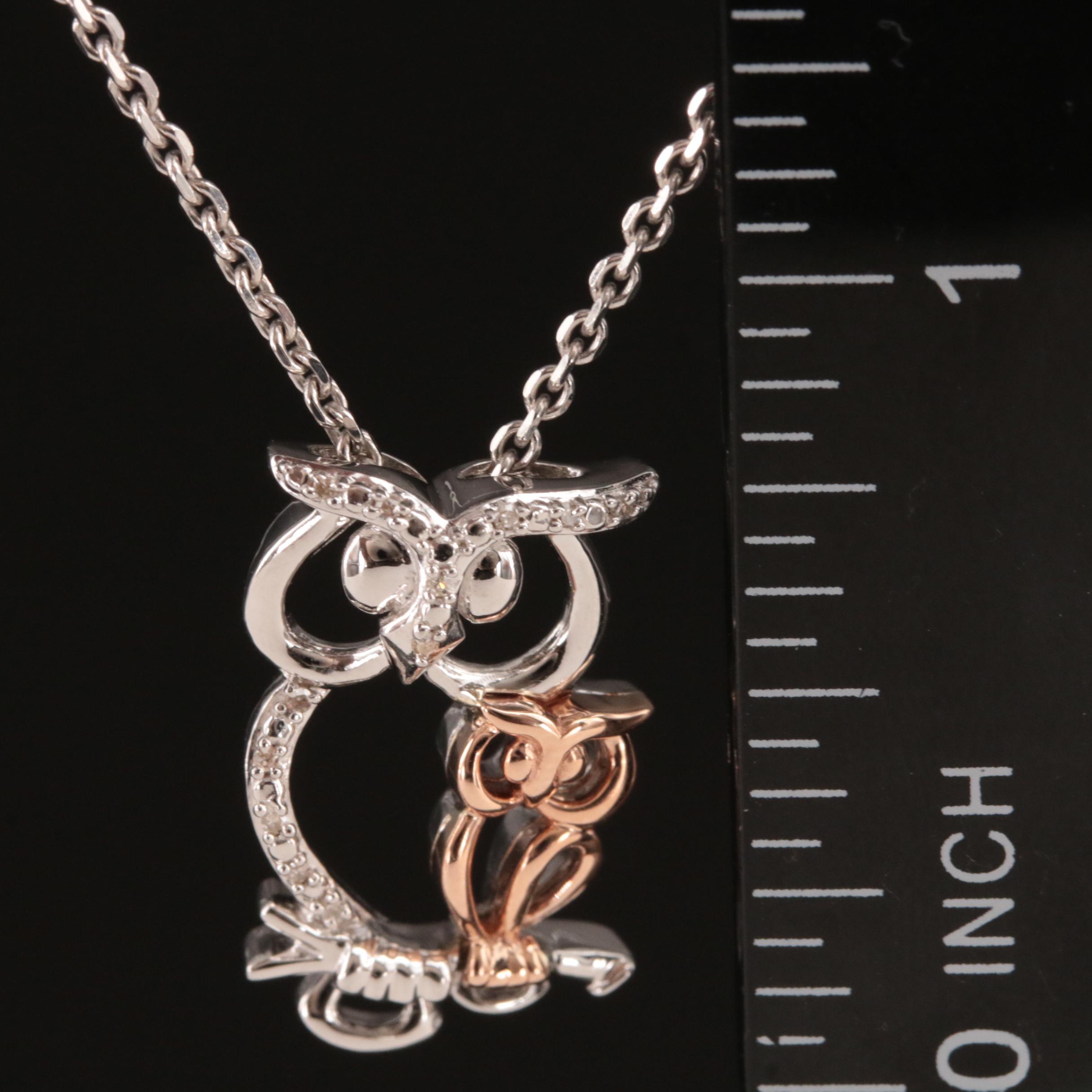 Sterling Diamond Owl Pendant Necklace with 10K Rose Gold Accent