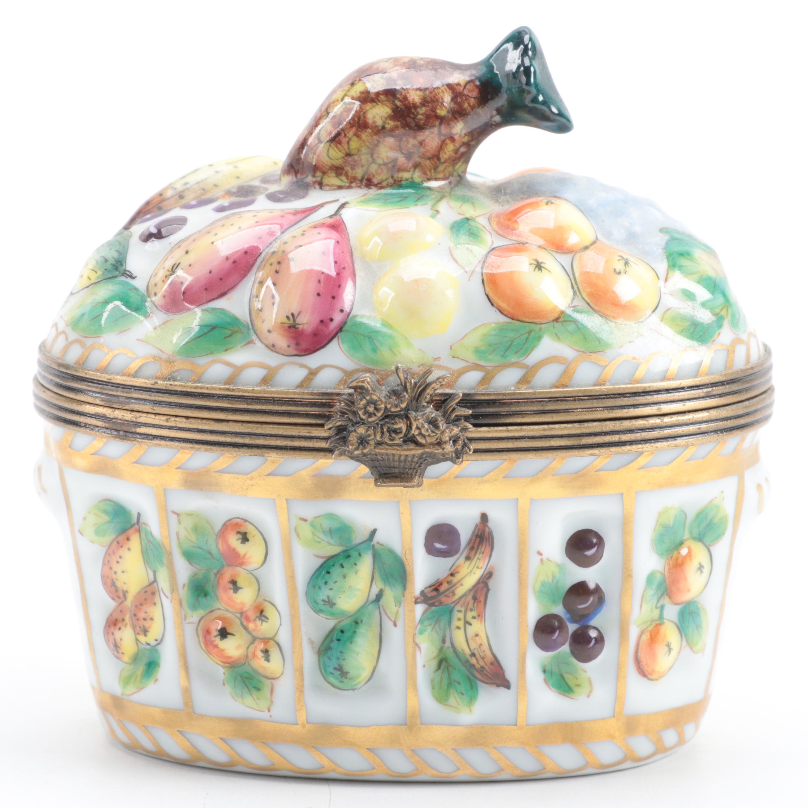 Limoges France Hand Painted Porcelain Fruit Basket Motif Hinged Trinket Box