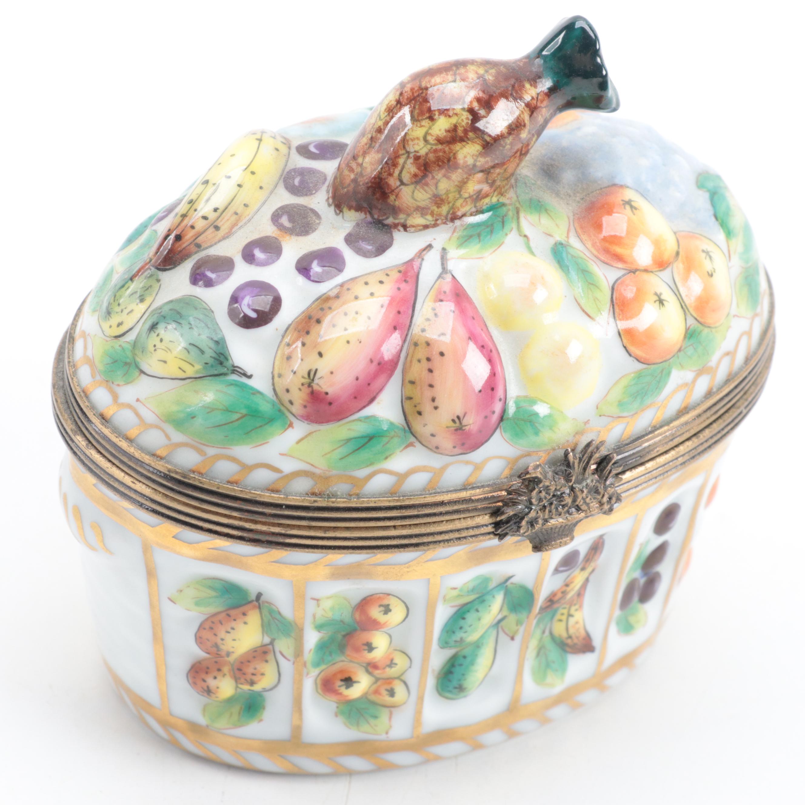 Limoges France Hand Painted Porcelain Fruit Basket Motif Hinged Trinket Box