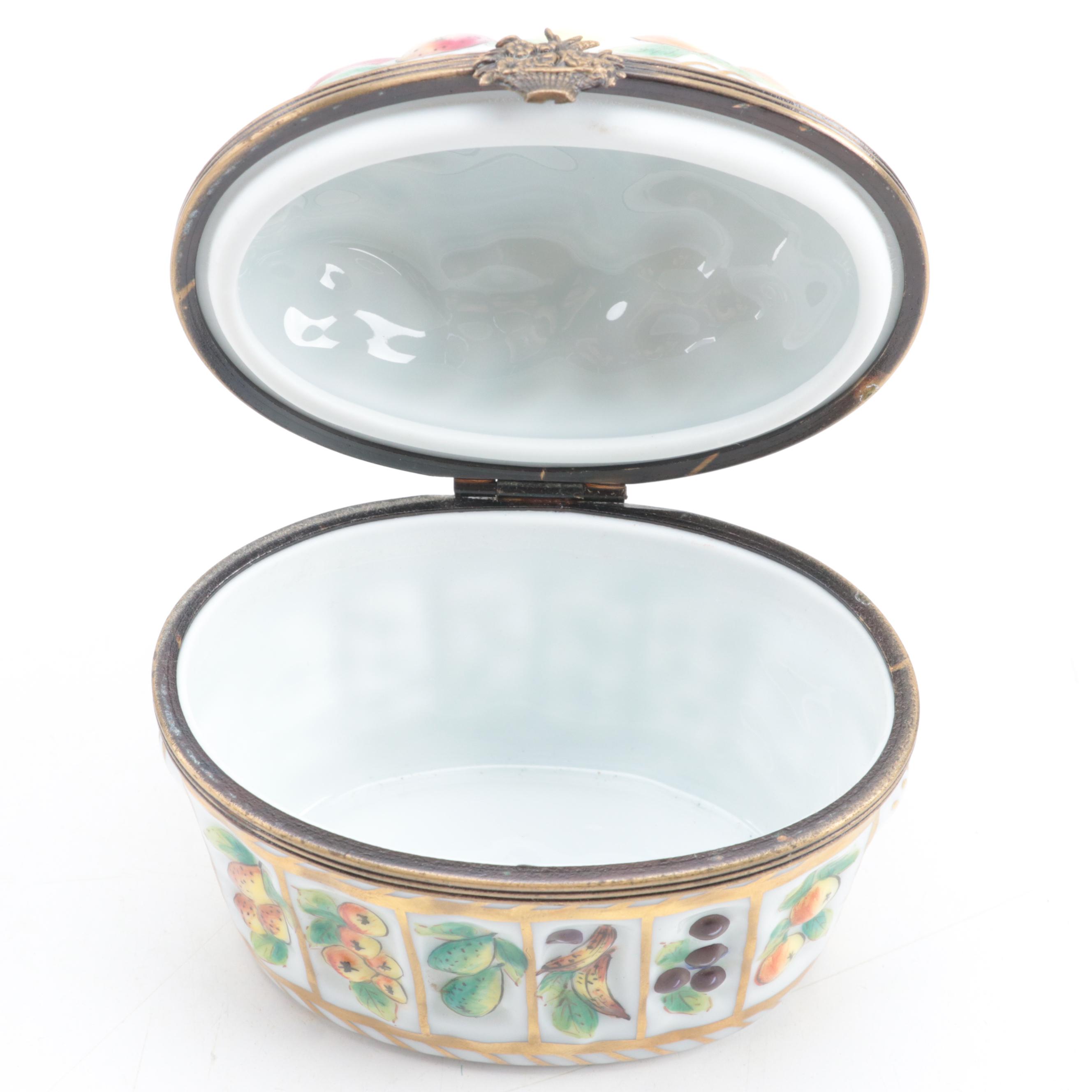 Limoges France Hand Painted Porcelain Fruit Basket Motif Hinged Trinket Box