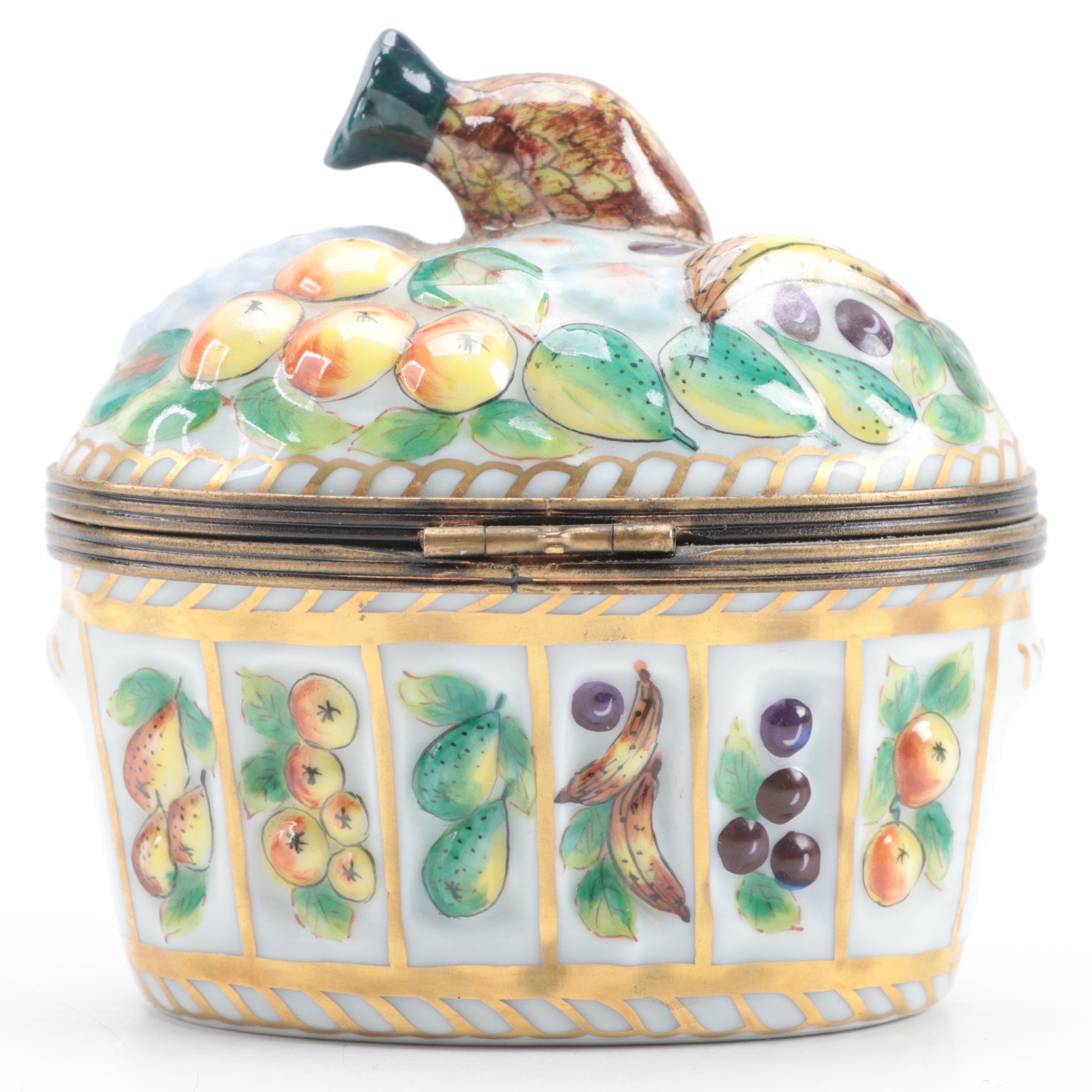 Limoges France Hand Painted Porcelain Fruit Basket Motif Hinged Trinket Box