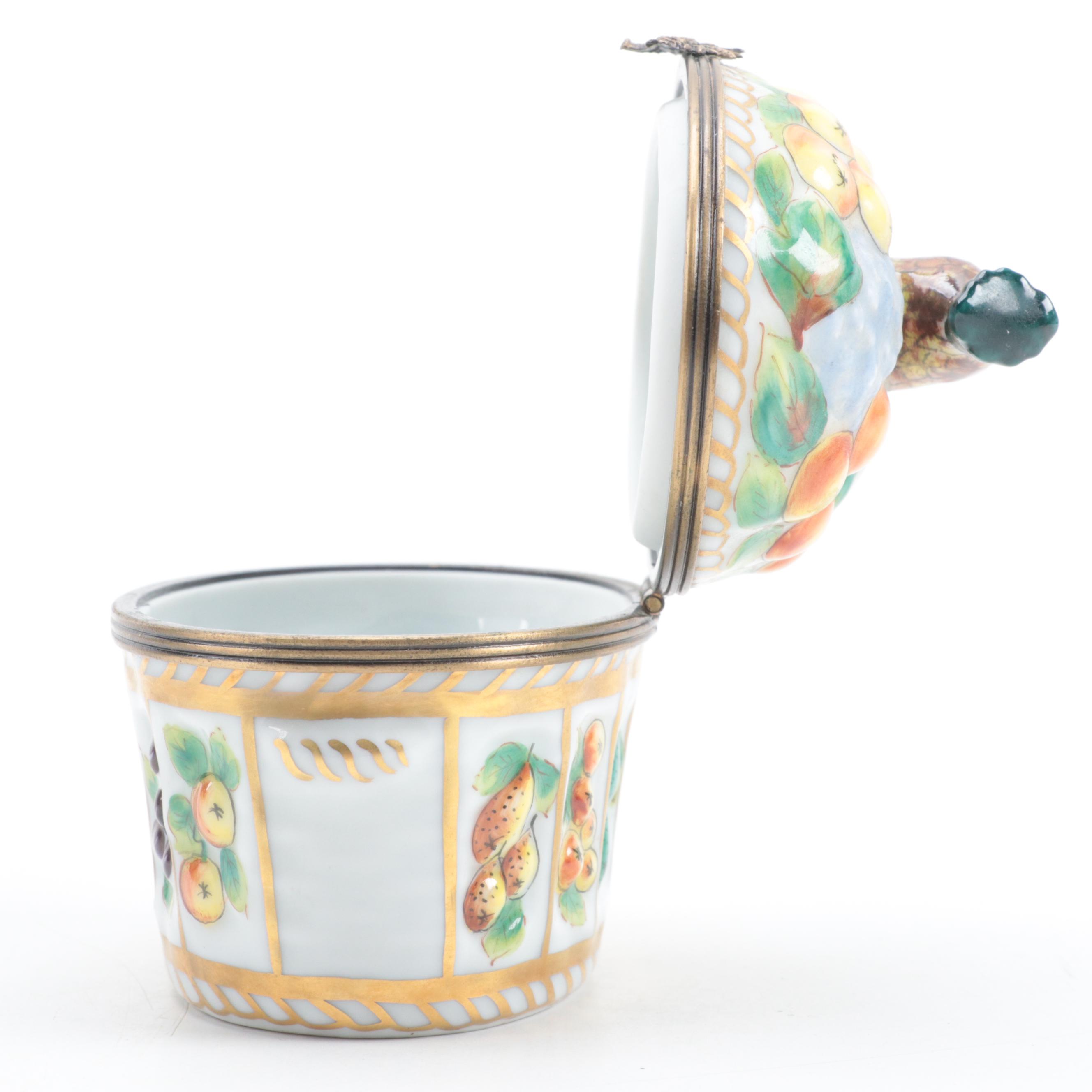 Limoges France Hand Painted Porcelain Fruit Basket Motif Hinged Trinket Box