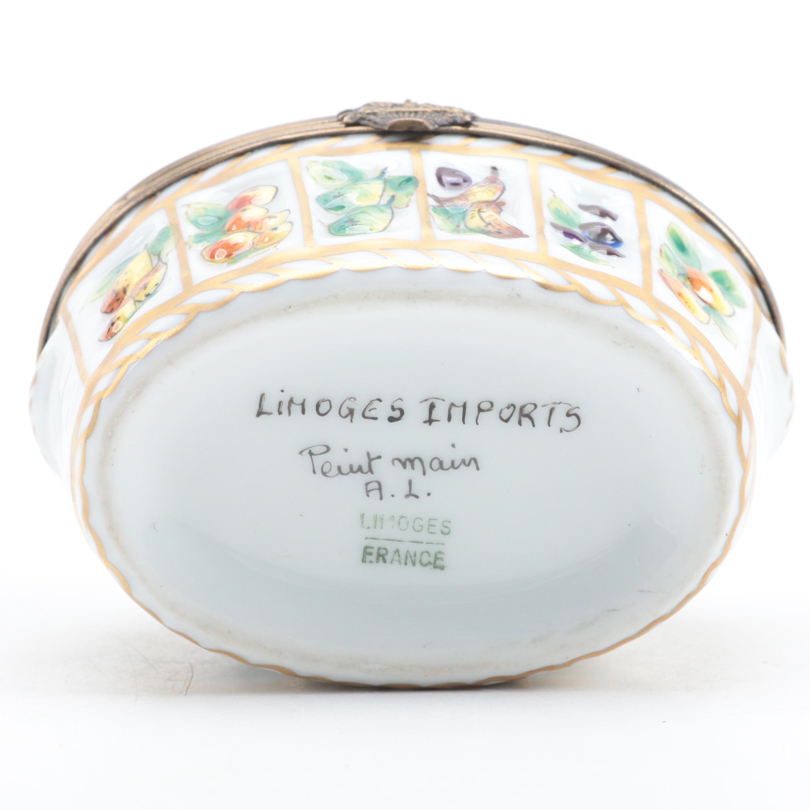 Limoges France Hand Painted Porcelain Fruit Basket Motif Hinged Trinket Box