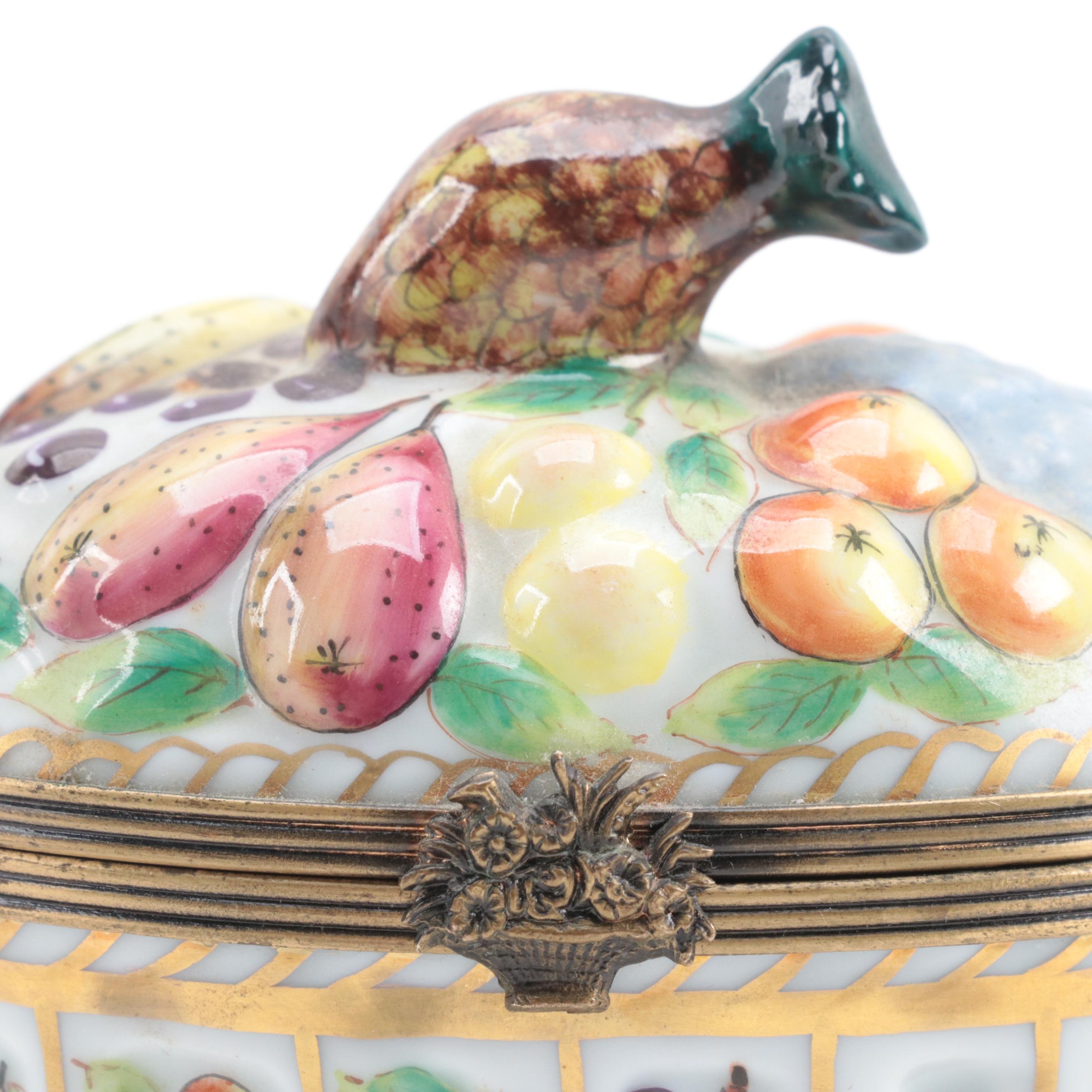 Limoges France Hand Painted Porcelain Fruit Basket Motif Hinged Trinket Box