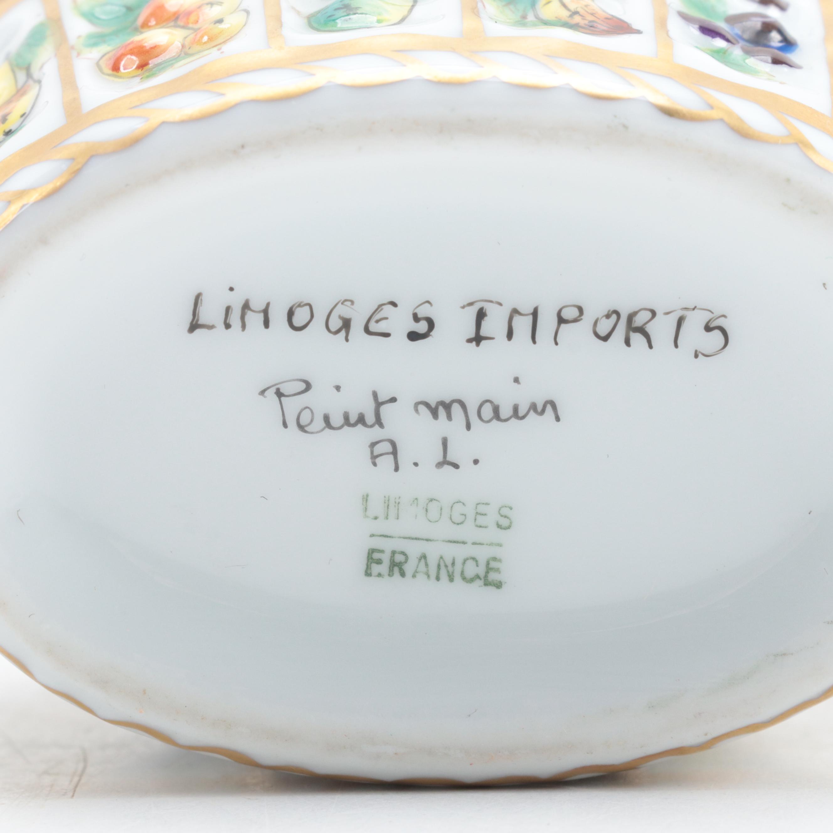 Limoges France Hand Painted Porcelain Fruit Basket Motif Hinged Trinket Box