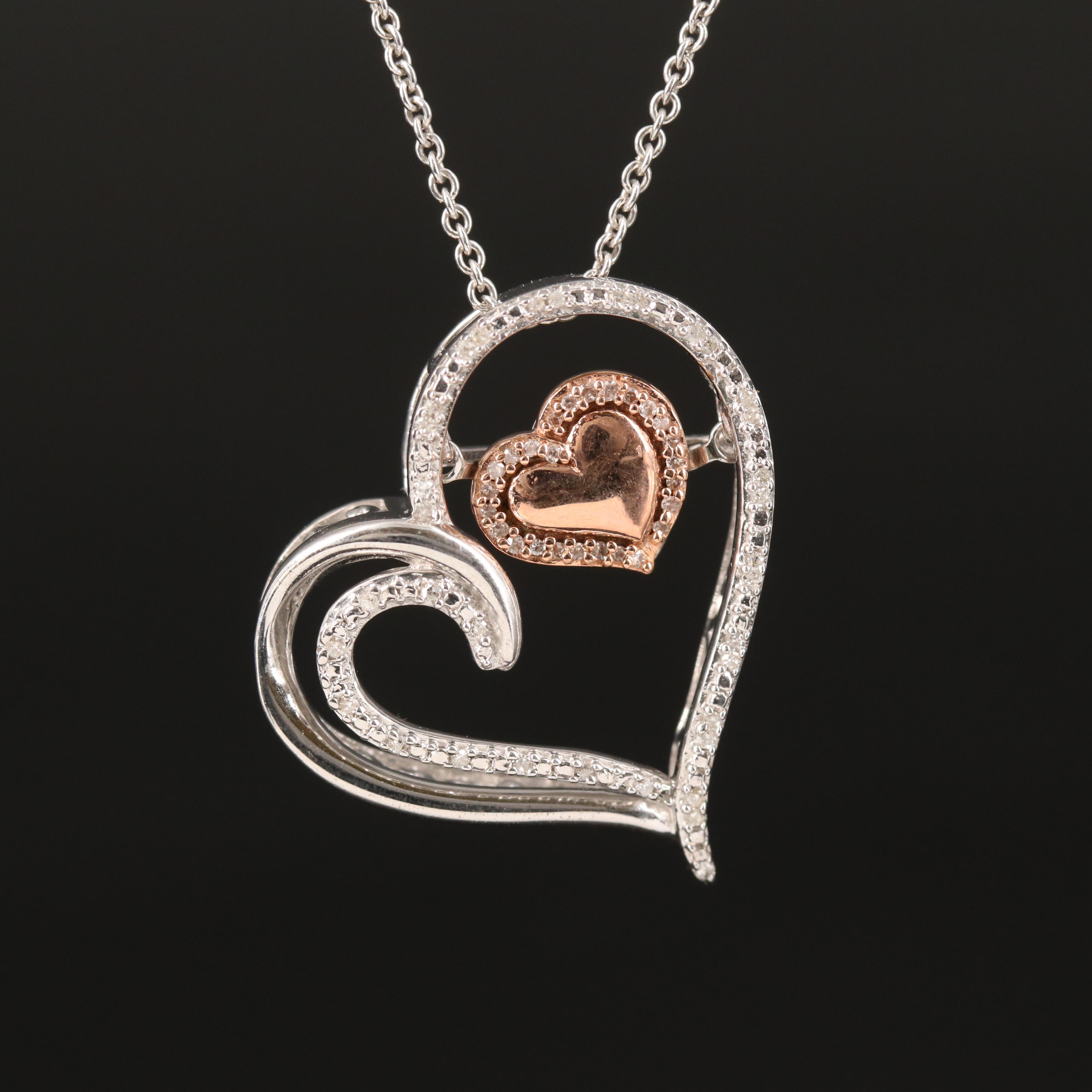 Sterling Diamond Heart Pendant Necklace with 10K Rose Gold Accent