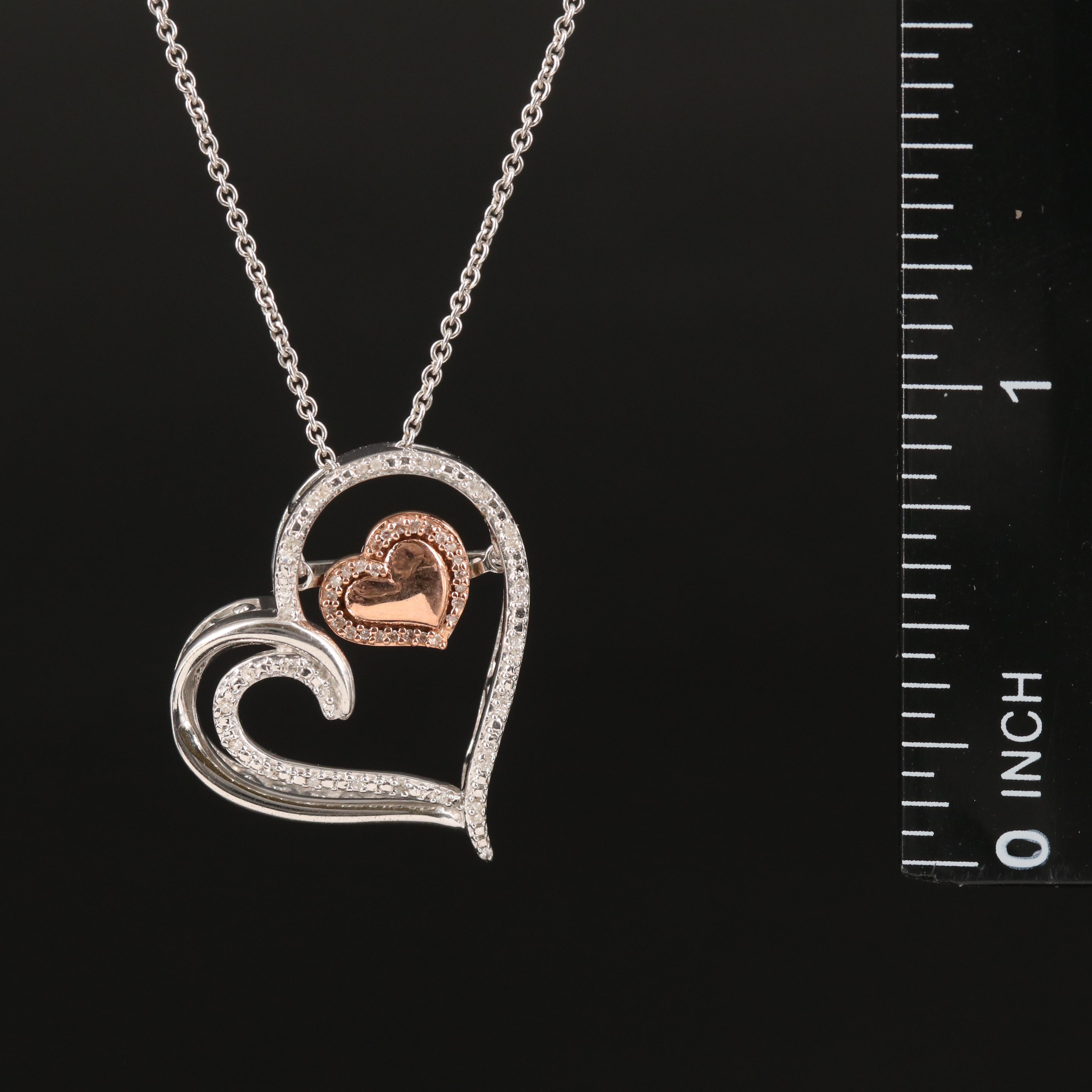 Sterling Diamond Heart Pendant Necklace with 10K Rose Gold Accent