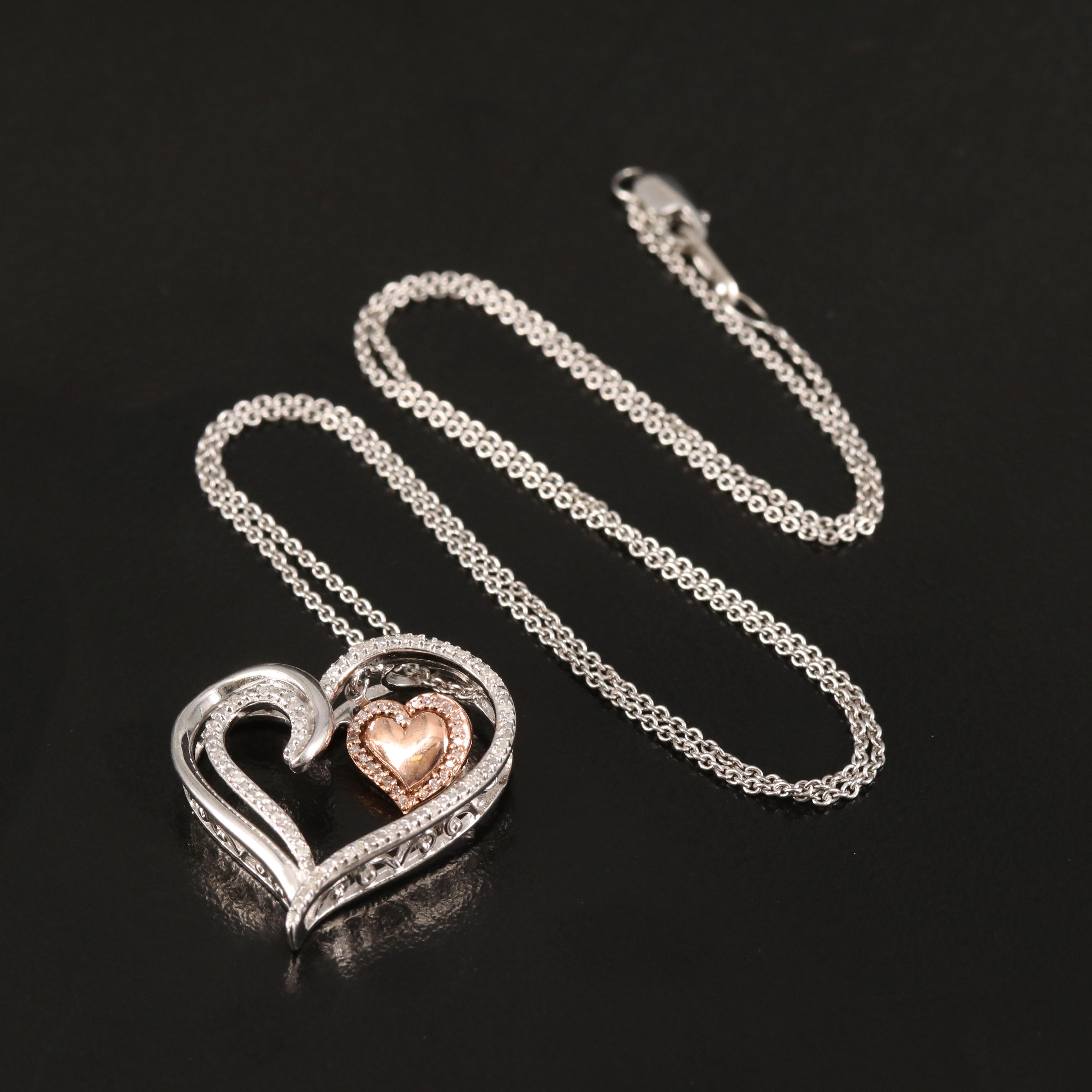 Sterling Diamond Heart Pendant Necklace with 10K Rose Gold Accent