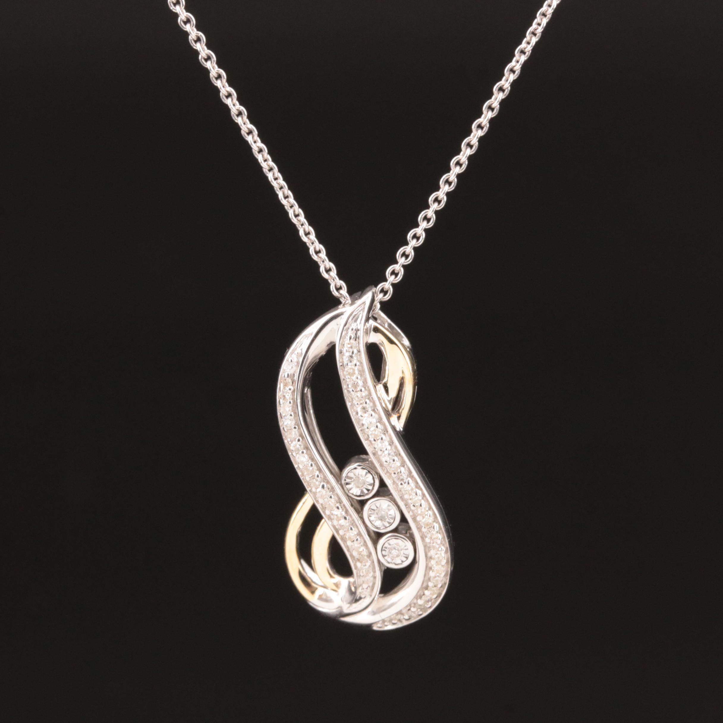 Sterling Sliding Diamond Pendant Necklace with 10K Accent