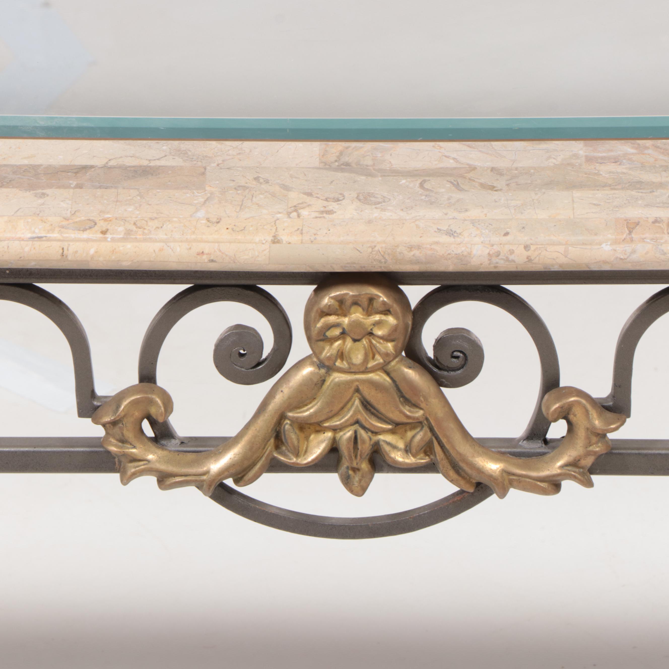 Wrought Iron, Tessellated Marble and Glass Top Coffee Table