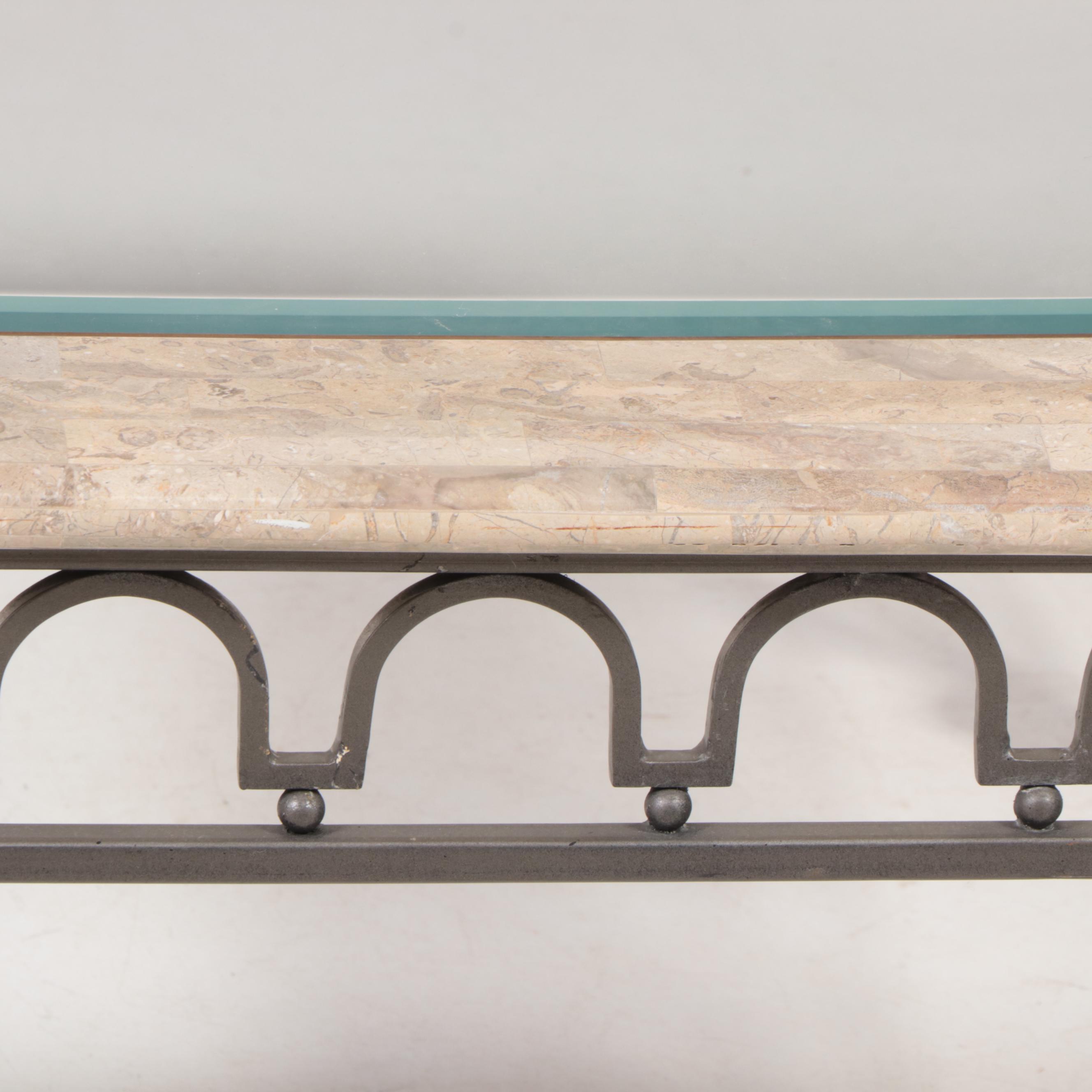 Wrought Iron, Tessellated Marble and Glass Top Coffee Table