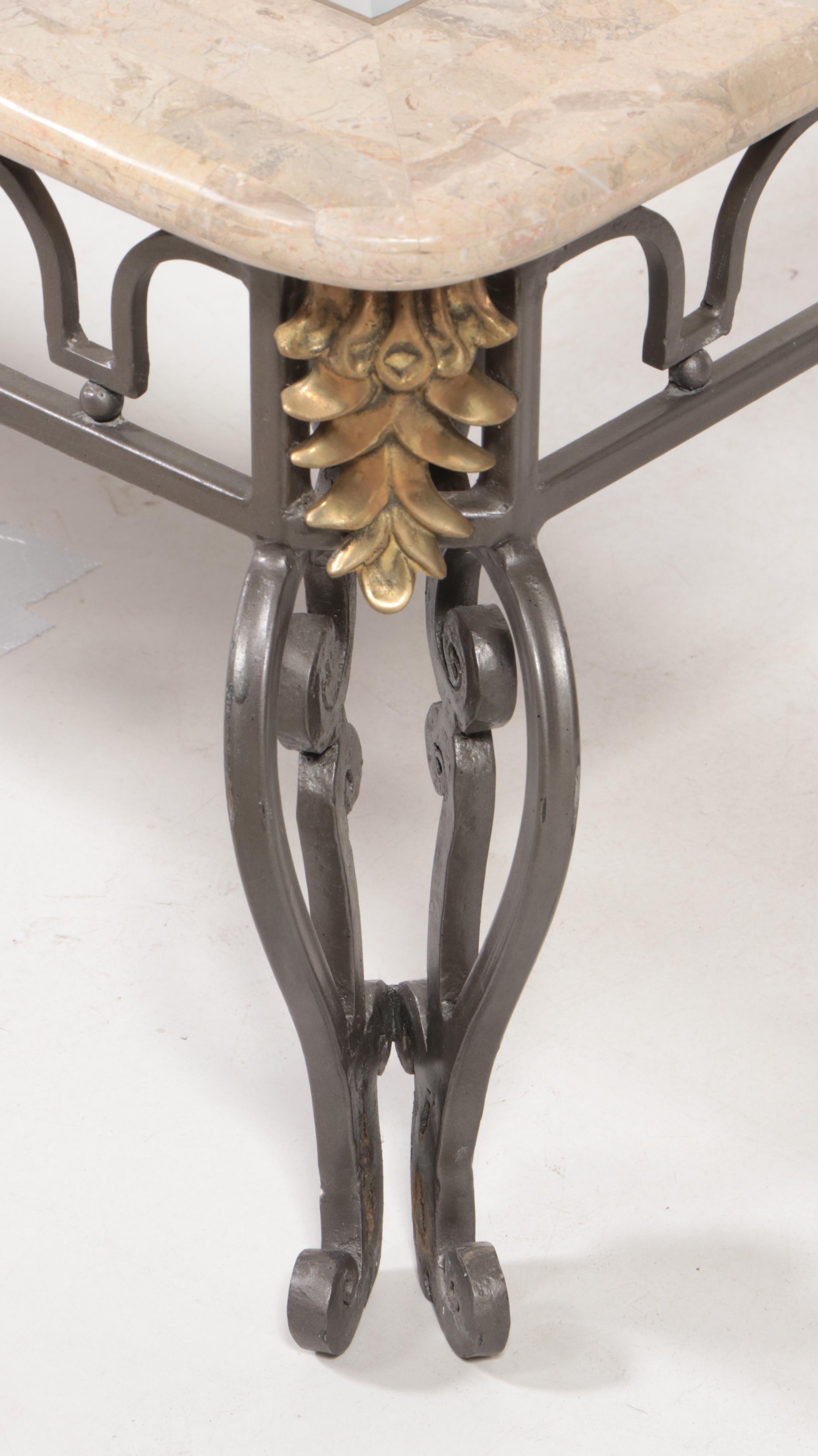 Wrought Iron, Tessellated Marble and Glass Top Coffee Table
