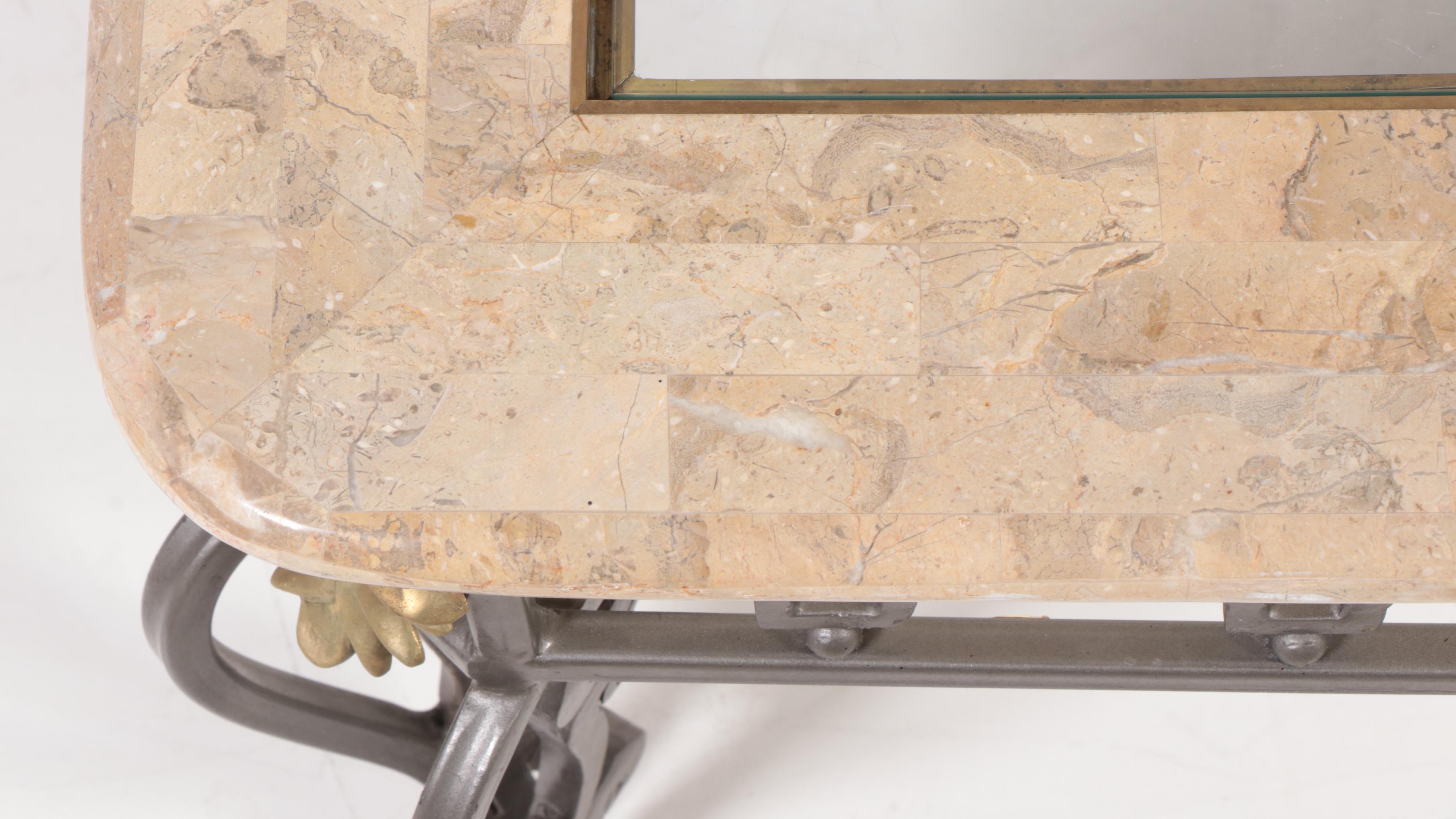 Wrought Iron, Tessellated Marble and Glass Top Coffee Table