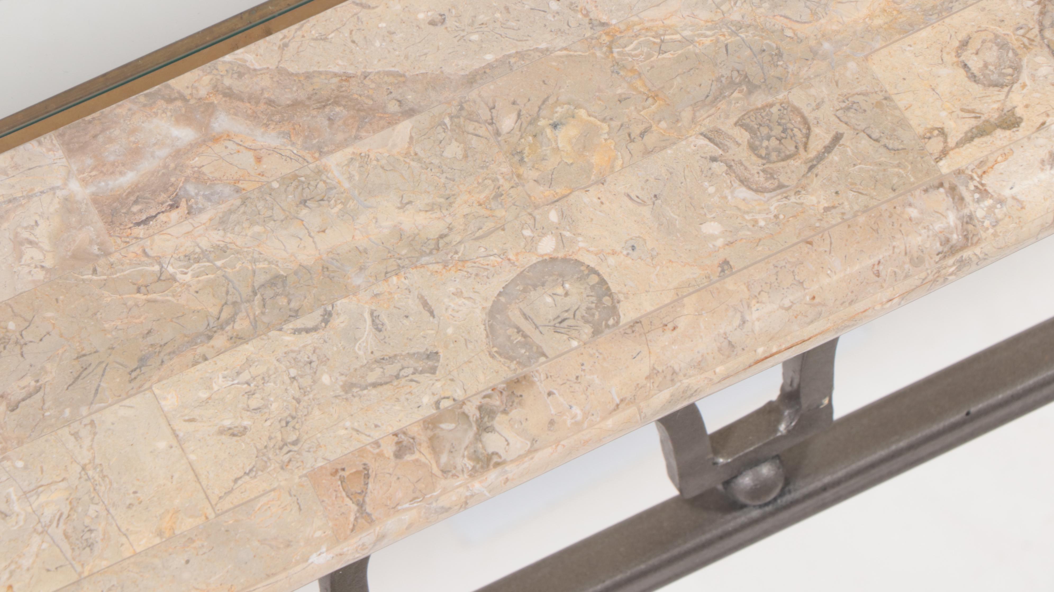 Wrought Iron, Tessellated Marble and Glass Top Coffee Table