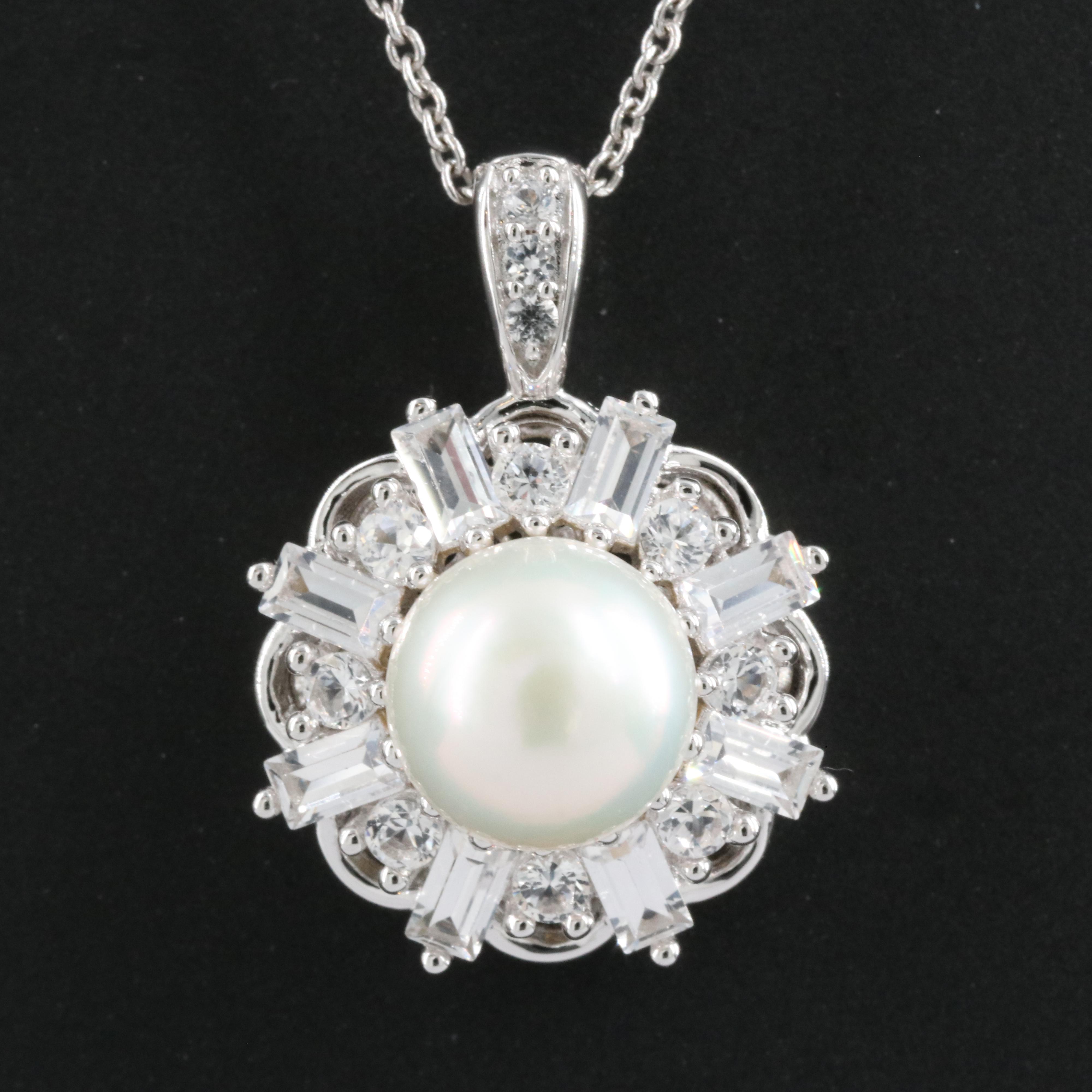 Sterling Pearl and Sapphire Pendant Necklace