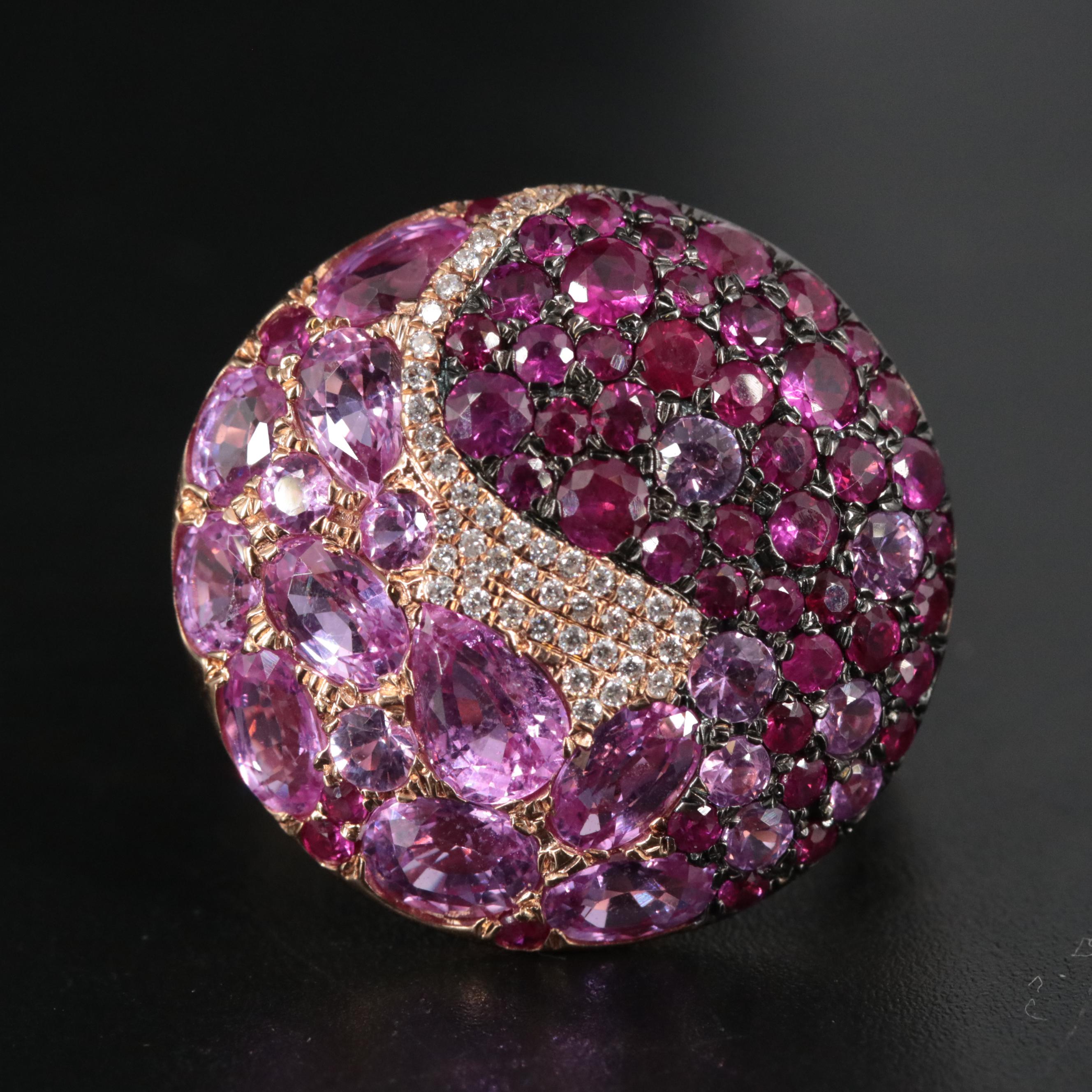 18K Rose Gold Pink Sapphire, Ruby, and Diamond Ring