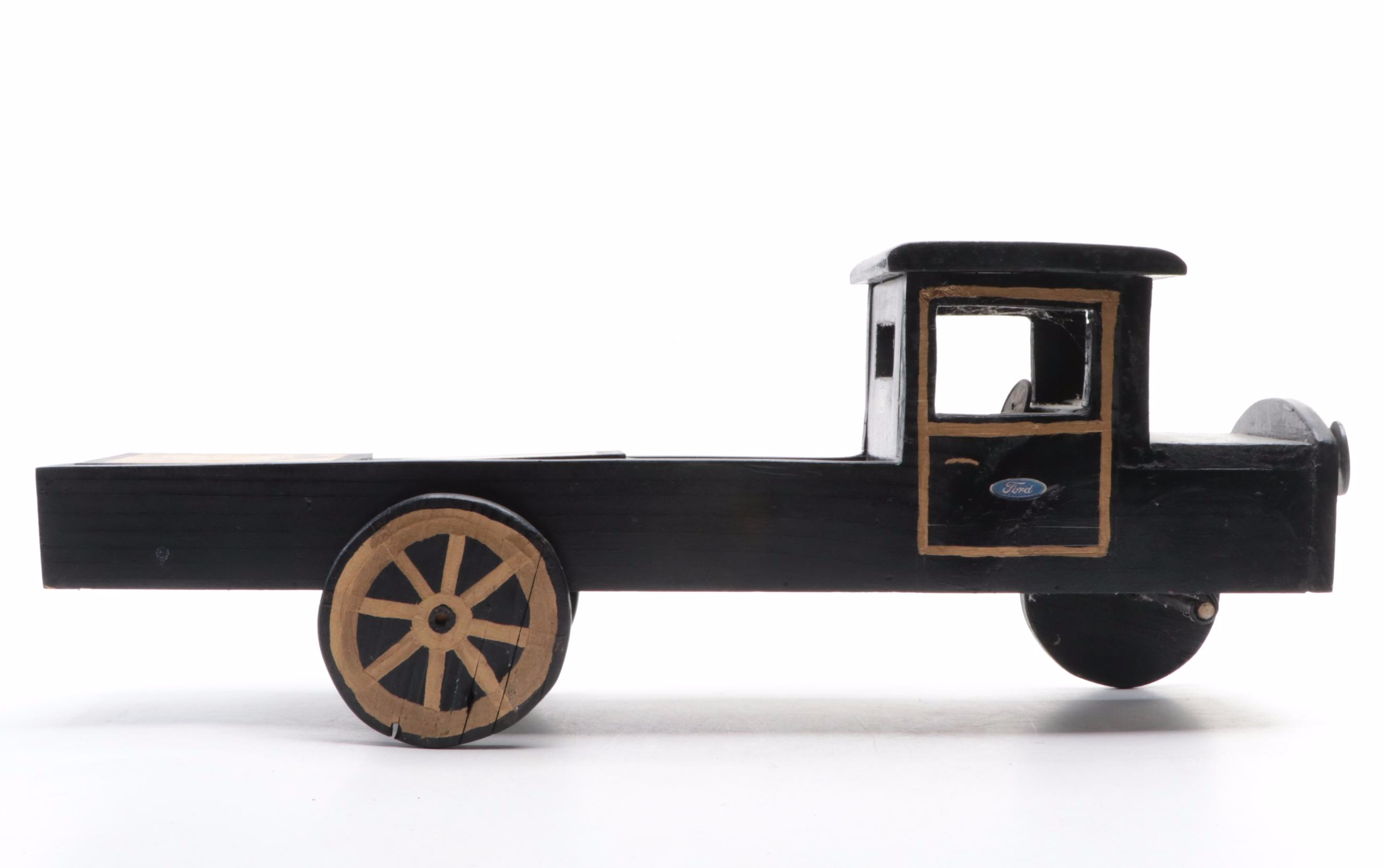 Hand-Crafted Wooden Toy Ford Truck with Letter Blocks, Early to Mid-20th Century