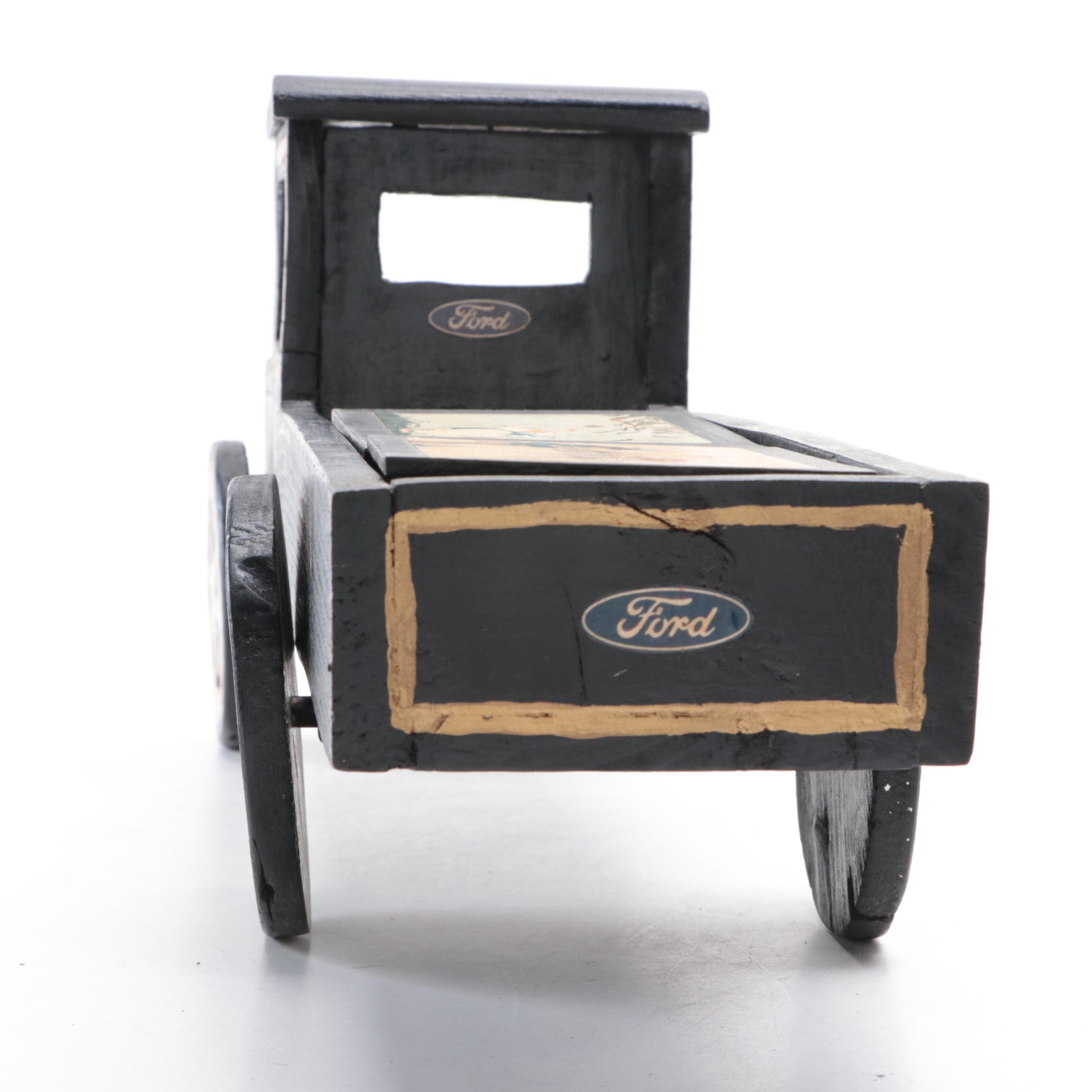 Hand-Crafted Wooden Toy Ford Truck with Letter Blocks, Early to Mid-20th Century