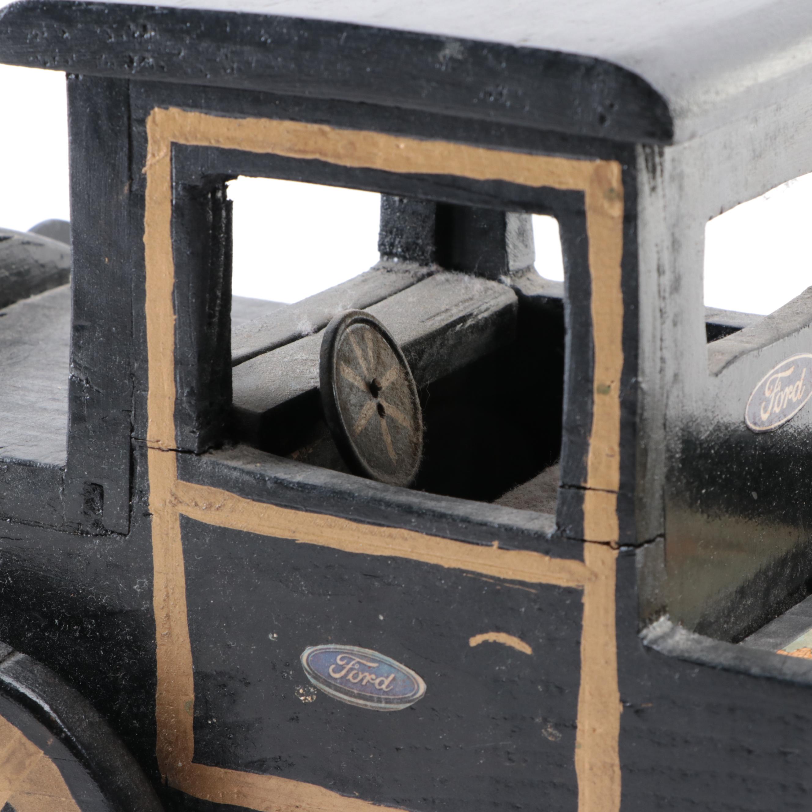 Hand-Crafted Wooden Toy Ford Truck with Letter Blocks, Early to Mid-20th Century