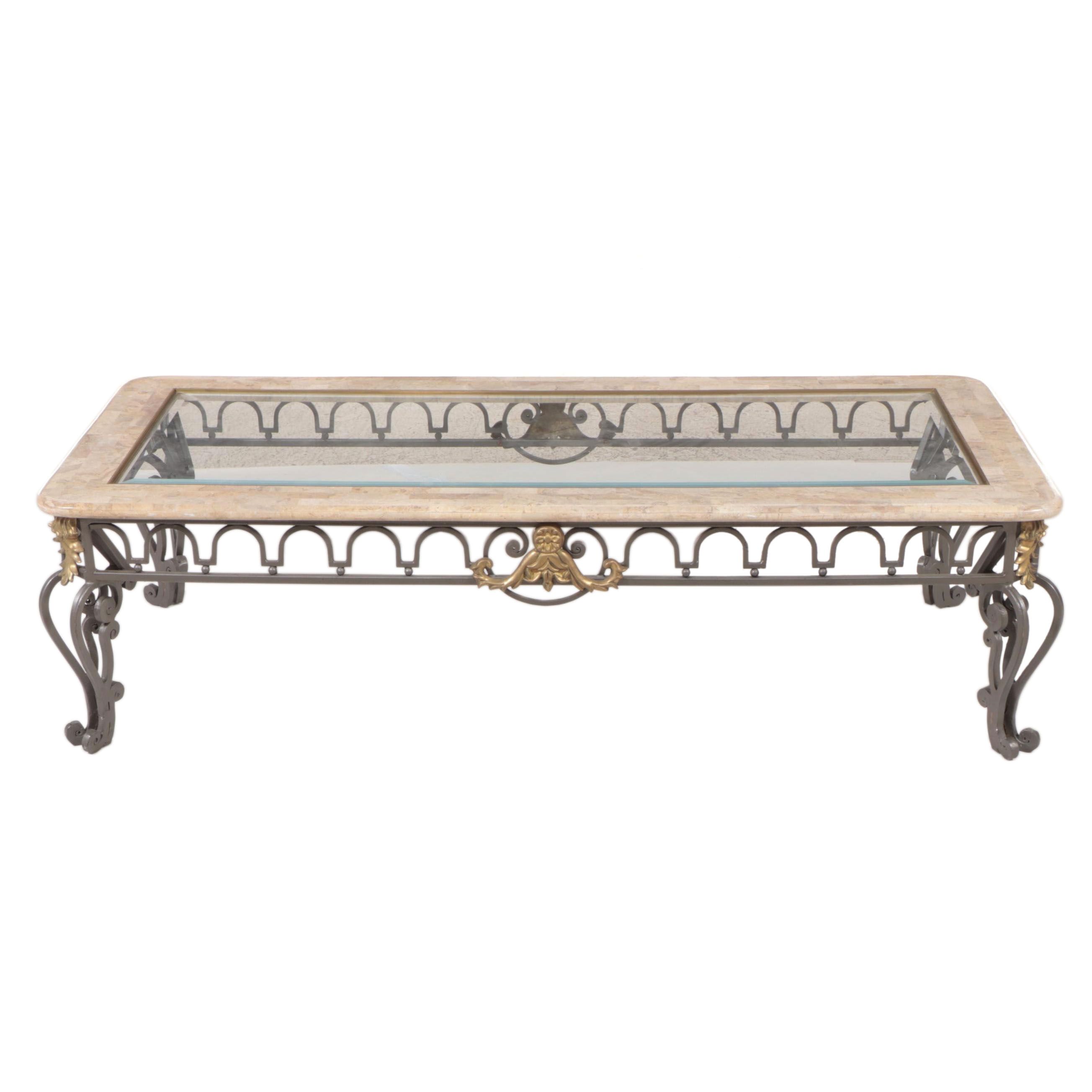 Wrought Iron, Tessellated Marble and Glass Top Coffee Table