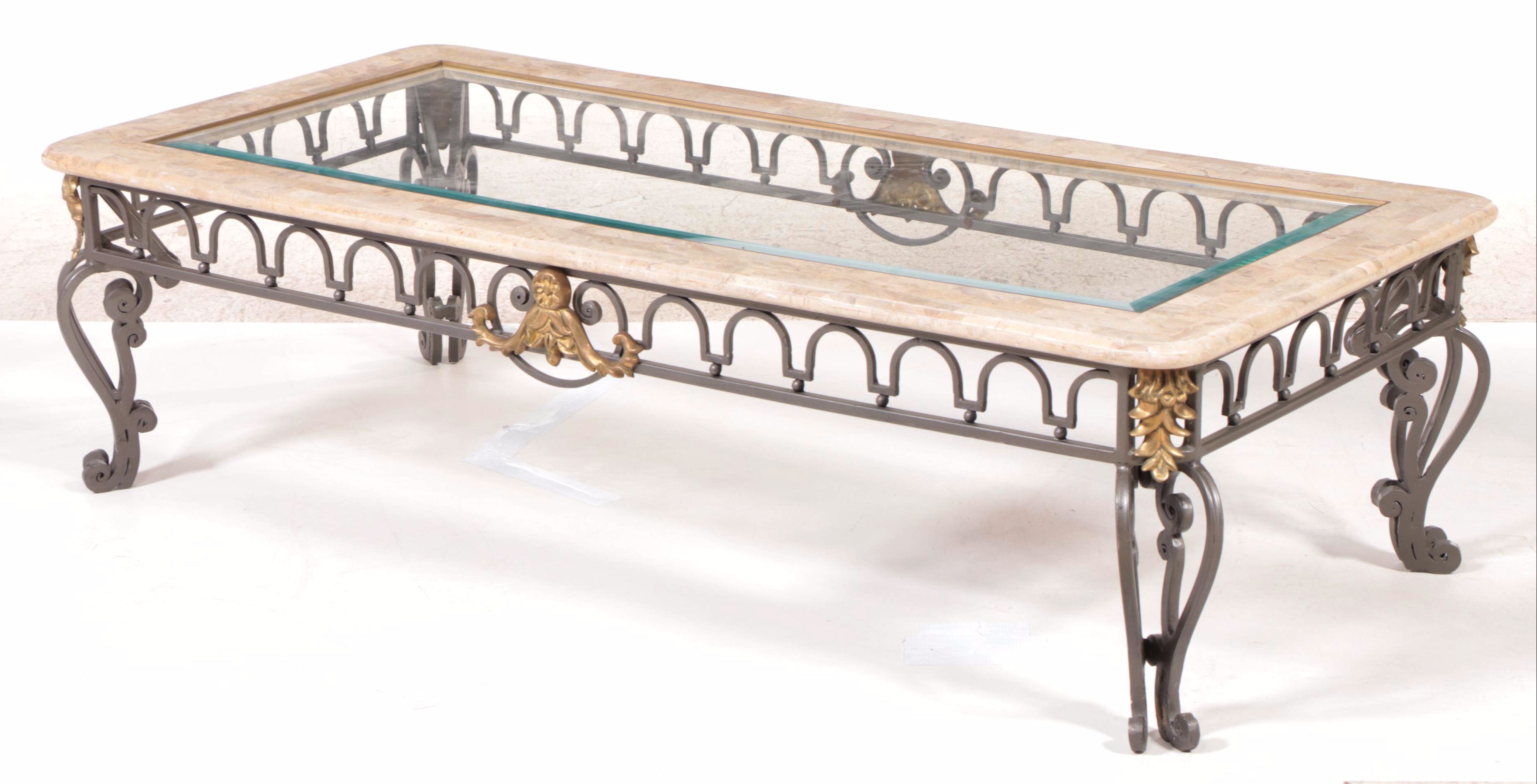 Wrought Iron, Tessellated Marble and Glass Top Coffee Table