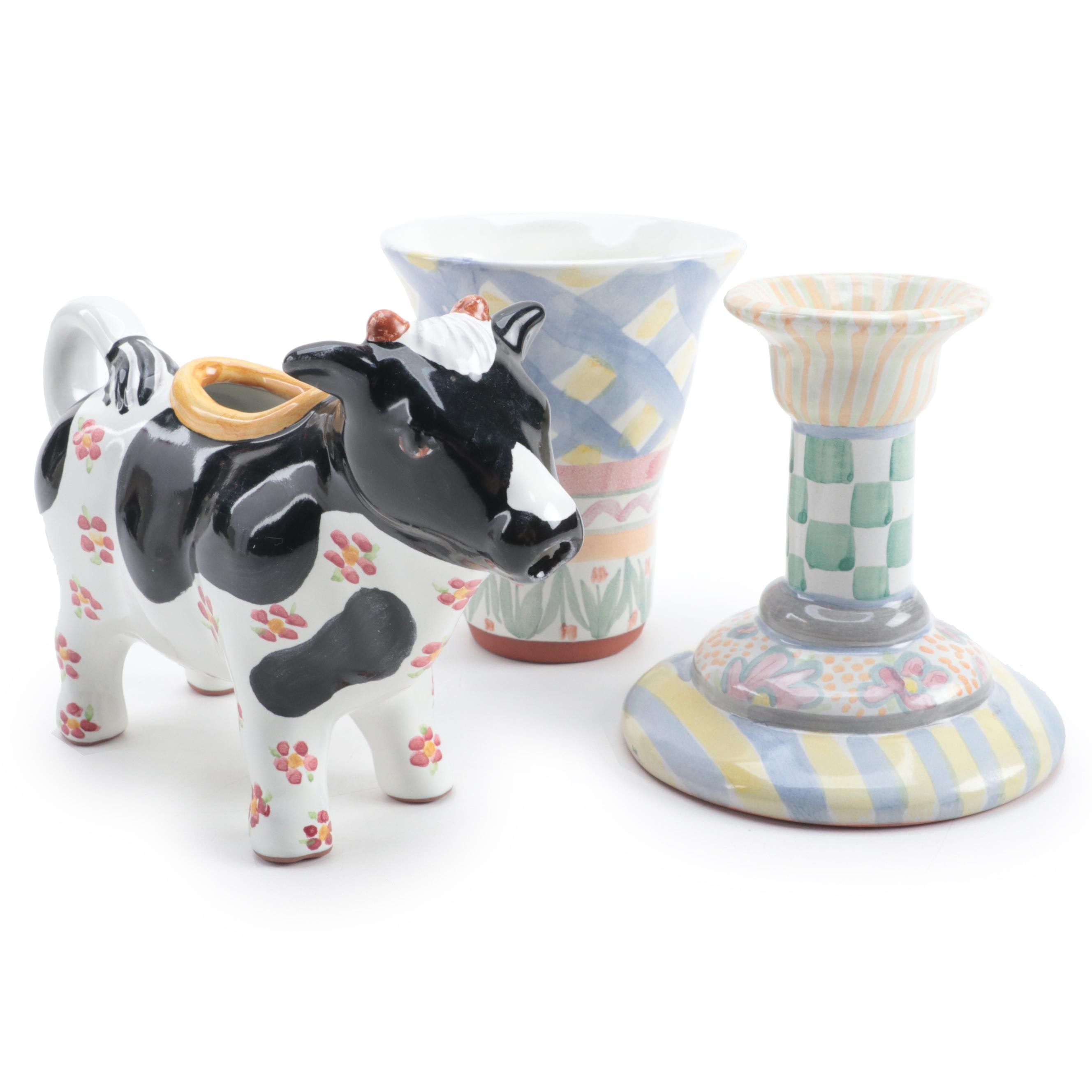 MacKenzie-Childs "Myrtle" Candlestick, "Aalsmeer" Tumbler, and "Molly" Creamer