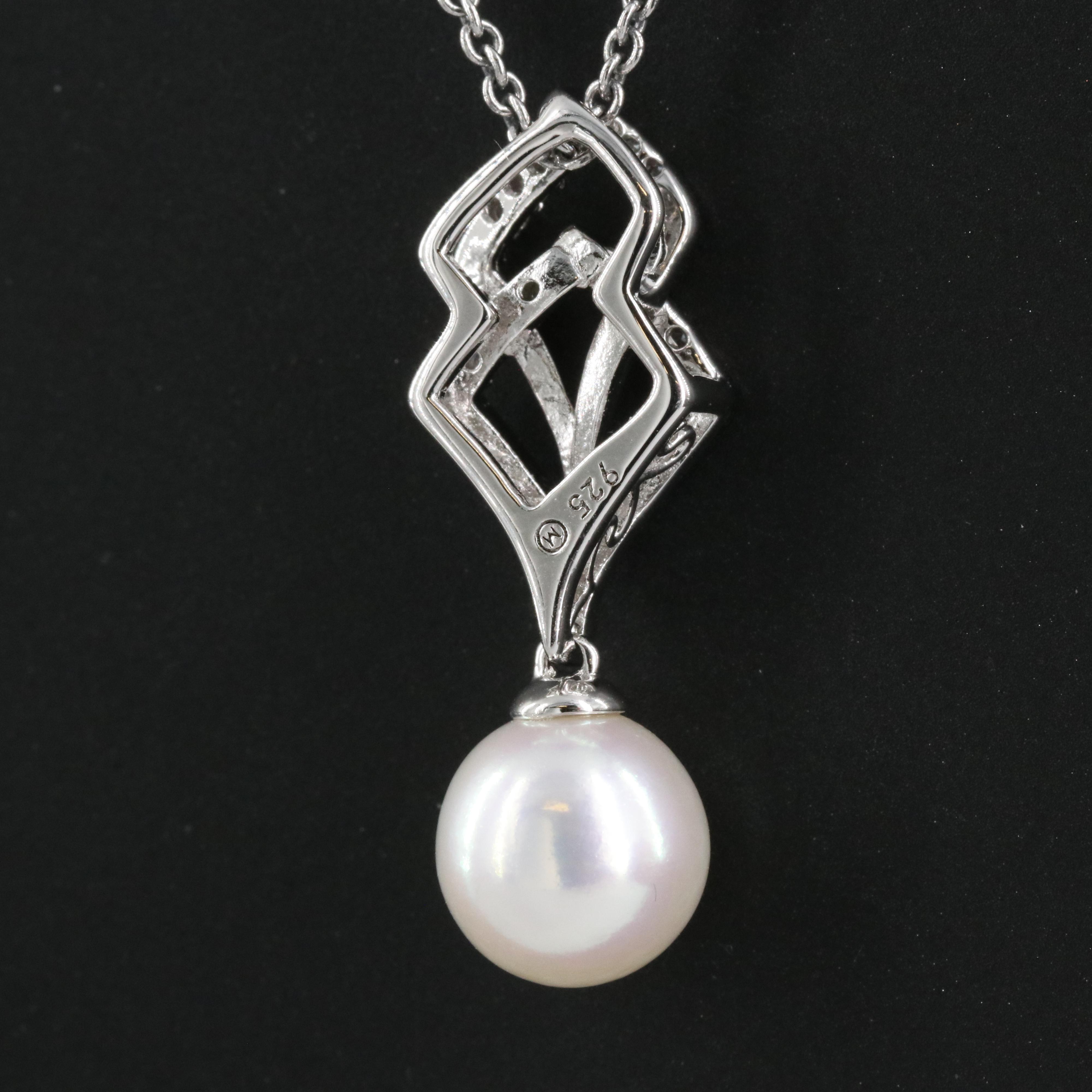 Sterling Pearl and Diamond Pendant Necklace