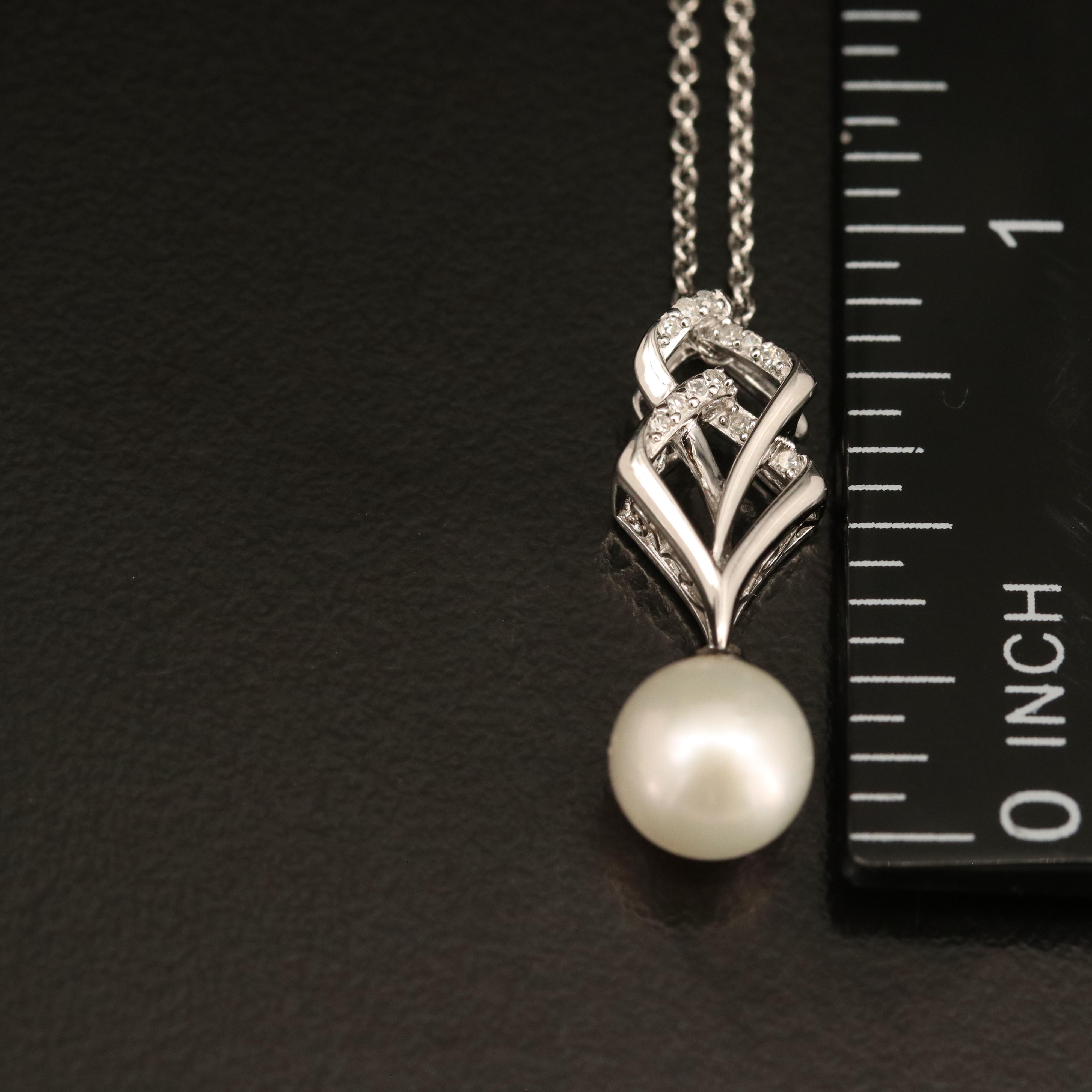 Sterling Pearl and Diamond Pendant Necklace