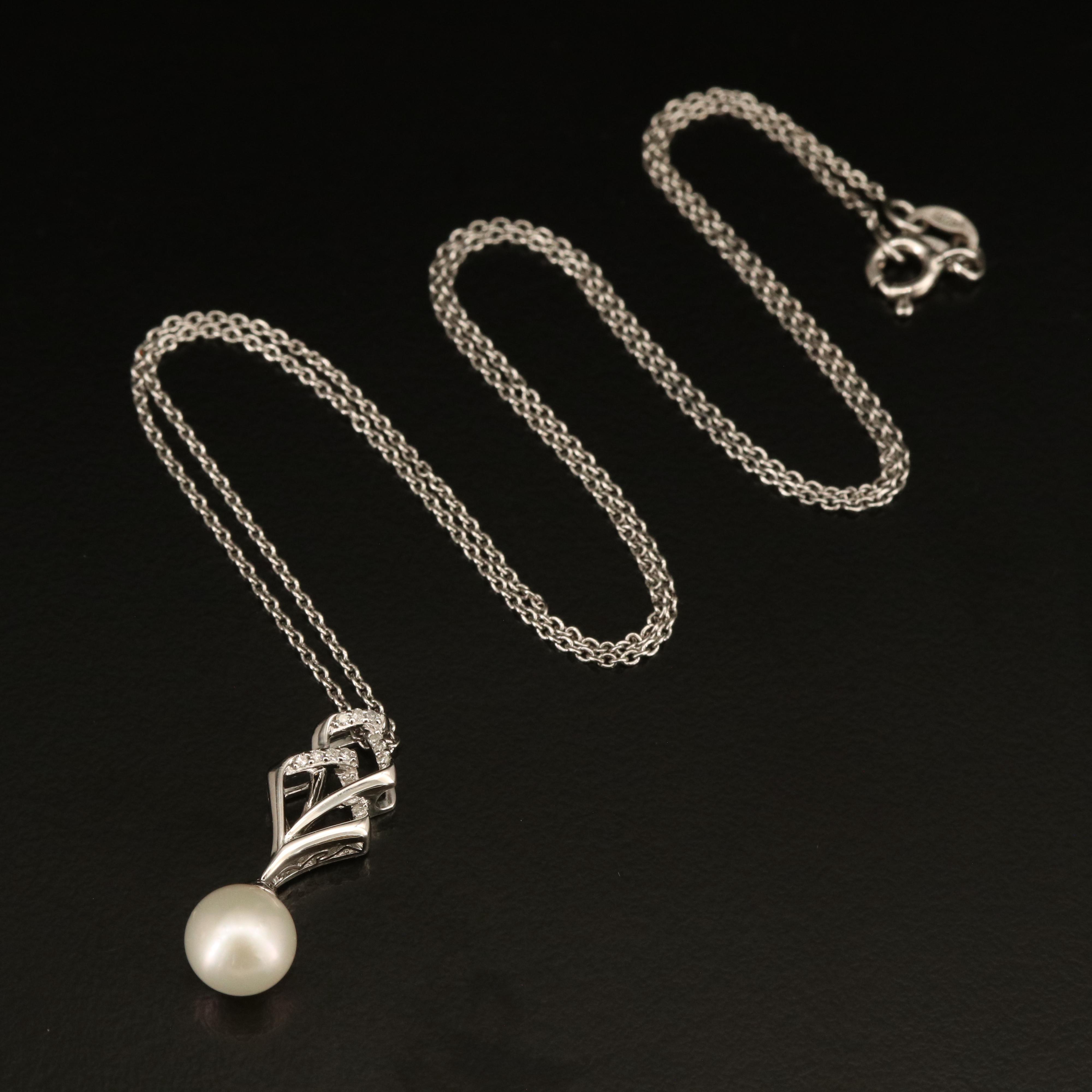 Sterling Pearl and Diamond Pendant Necklace