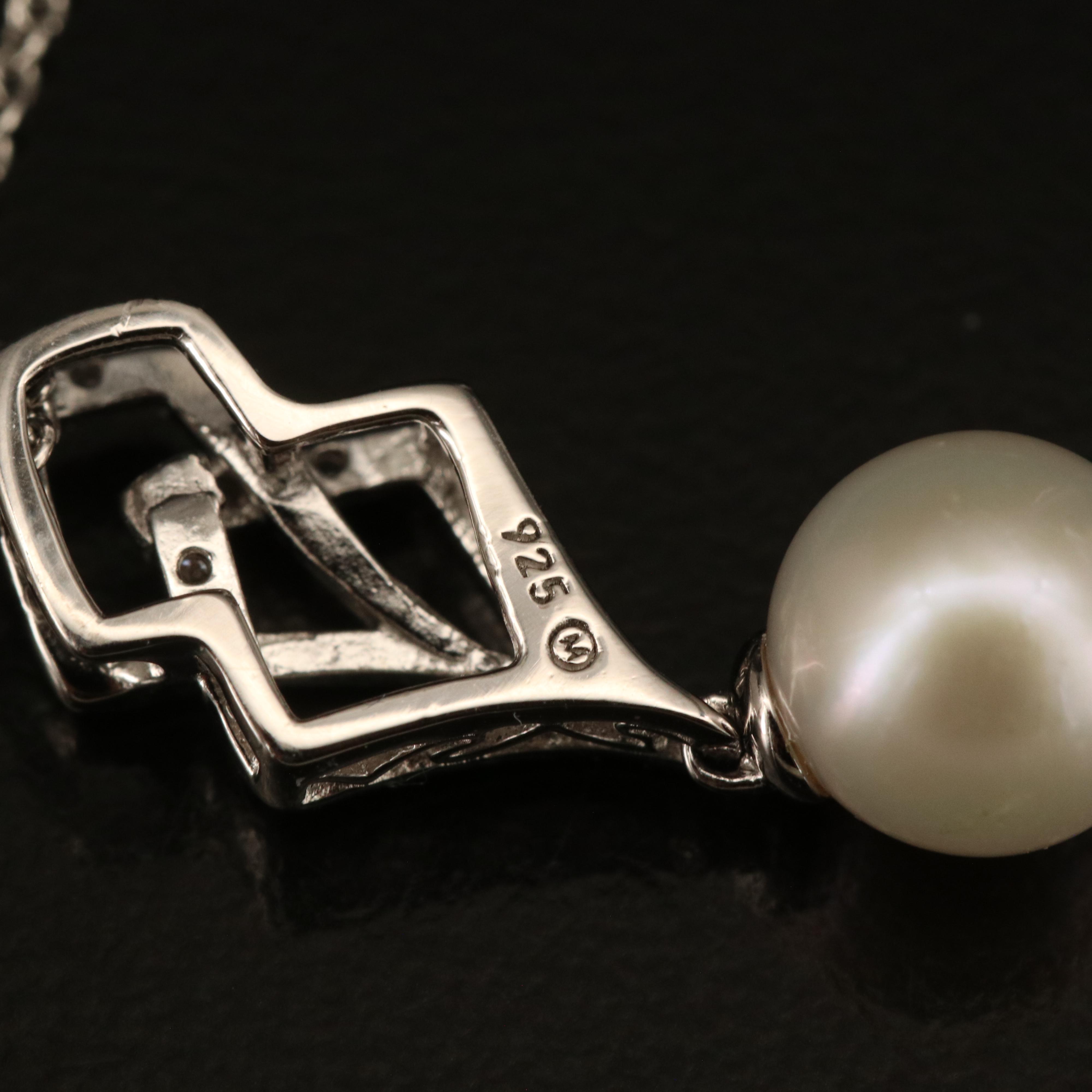 Sterling Pearl and Diamond Pendant Necklace
