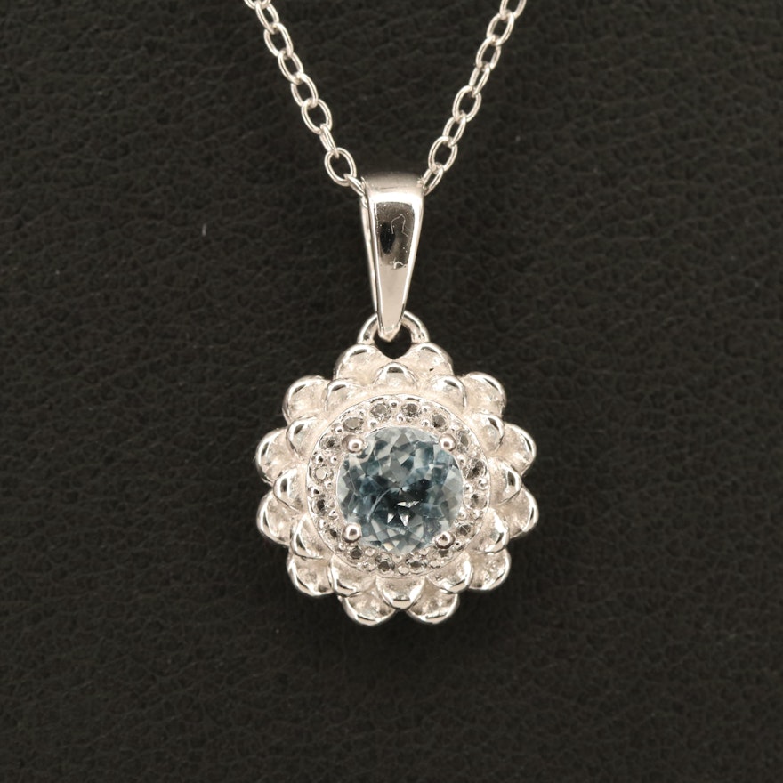 Sterling Aquamarine and Topaz Flower Pendant Necklace