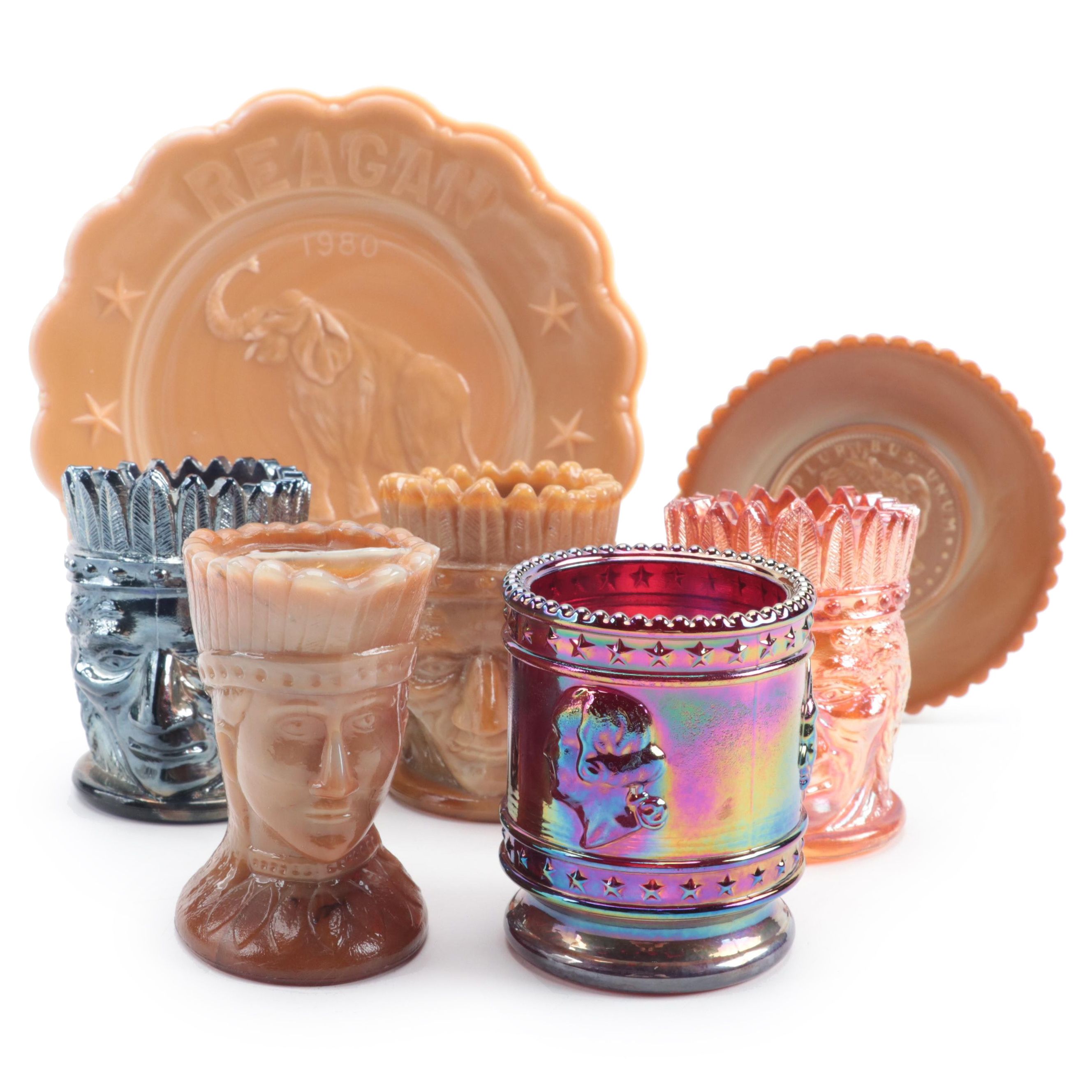 St. Clair Carnival and Other Glass Toothpick Holders and Commemorative Plates