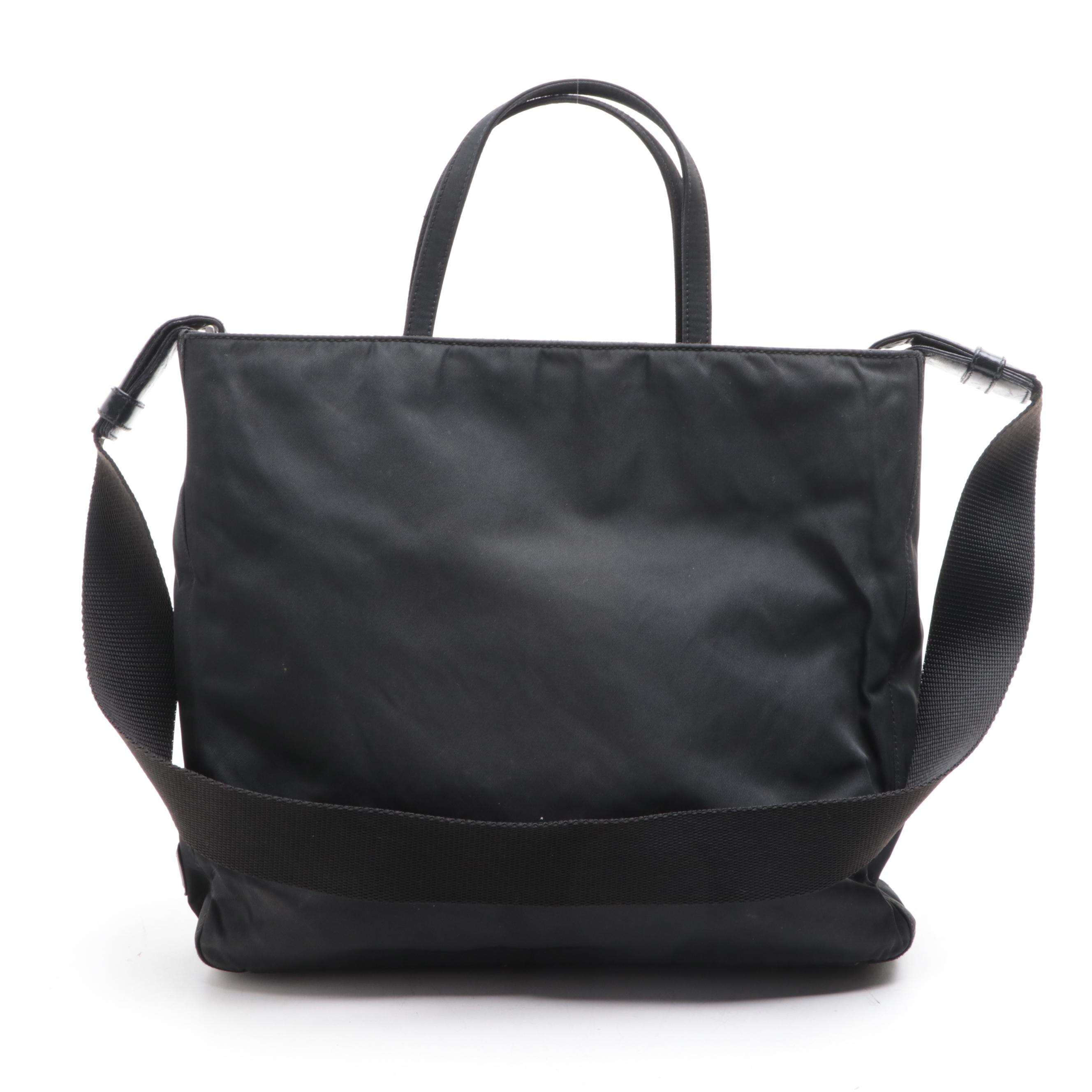 Prada Slim Tote Bag in Black Nylon Gabardine/Lambskin Leather with Strap