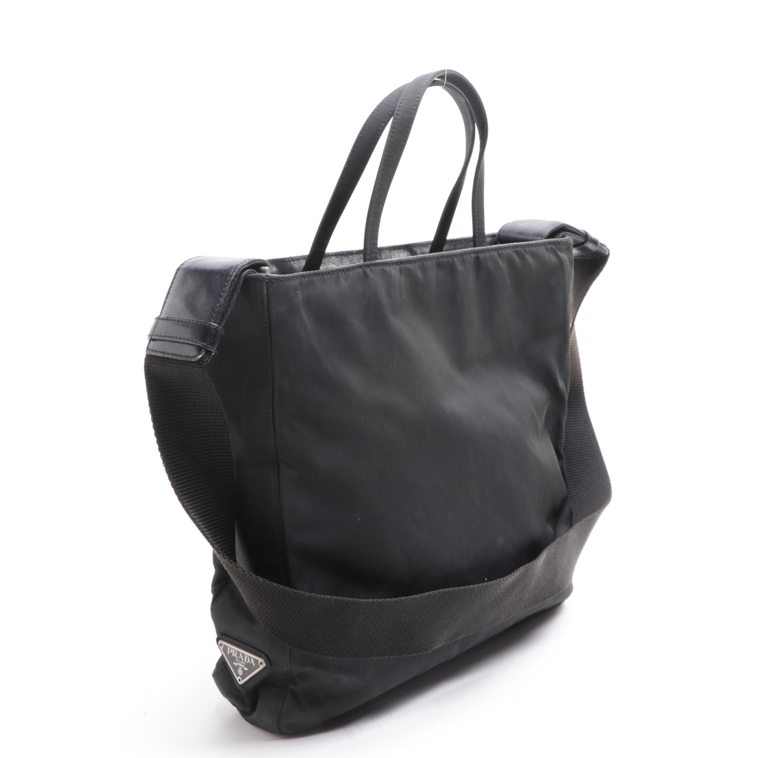 Prada Slim Tote Bag in Black Nylon Gabardine/Lambskin Leather with Strap