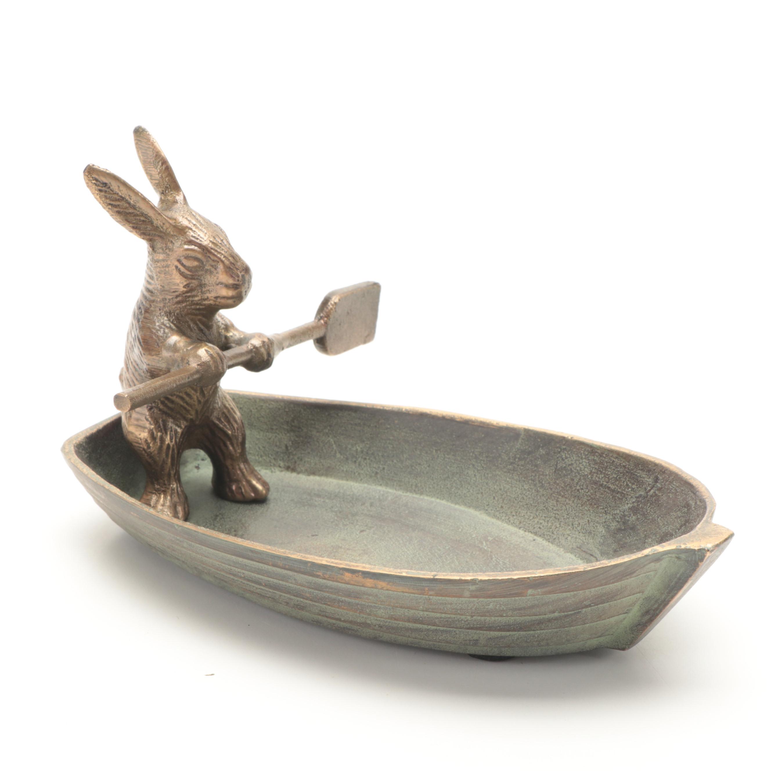 Patinated Cast Brass Rabbit in Rowboat Trinket Dish