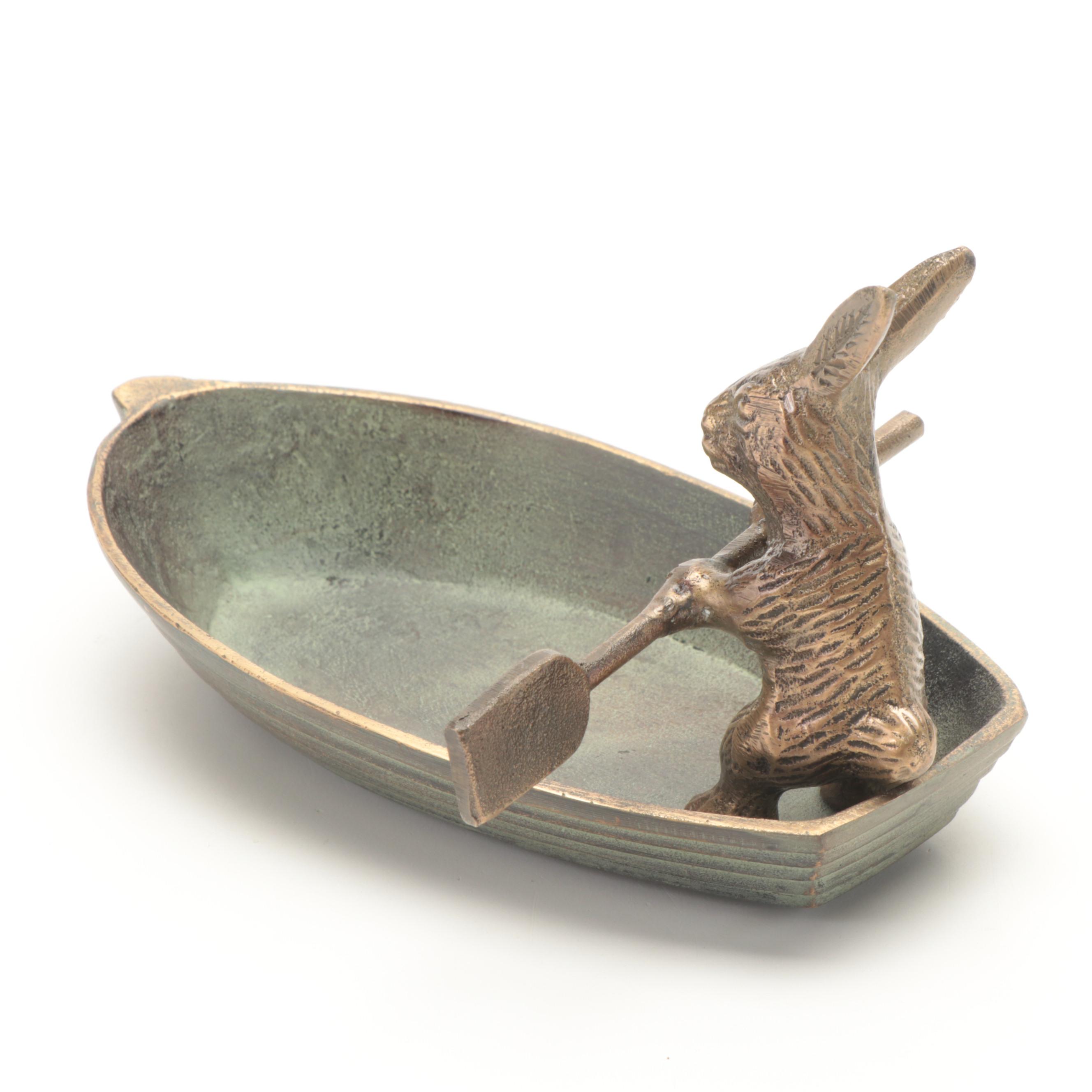 Patinated Cast Brass Rabbit in Rowboat Trinket Dish