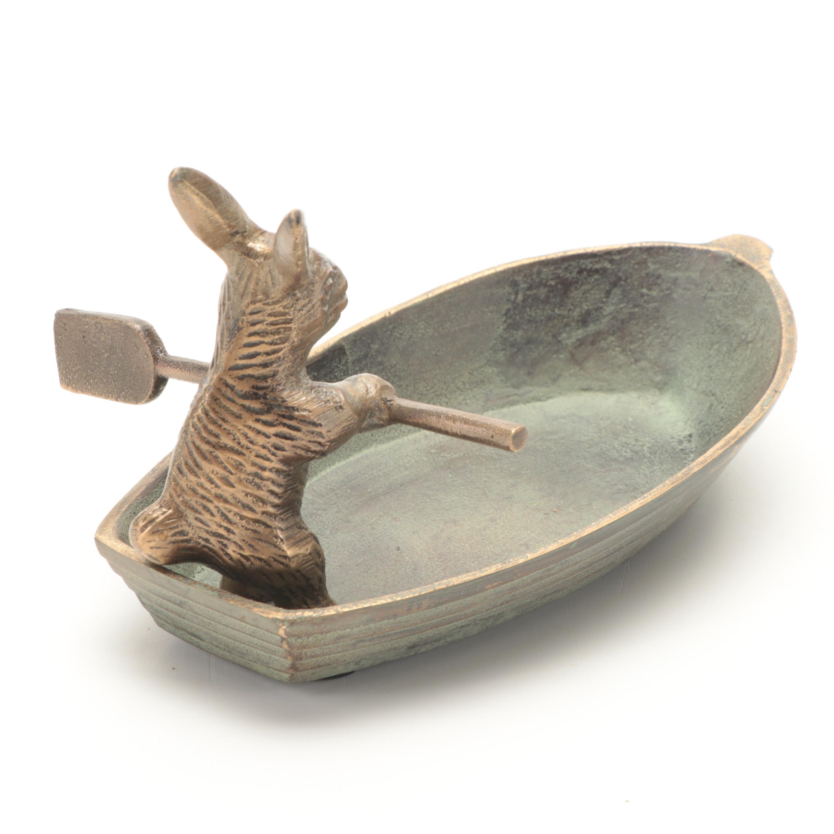 Patinated Cast Brass Rabbit in Rowboat Trinket Dish