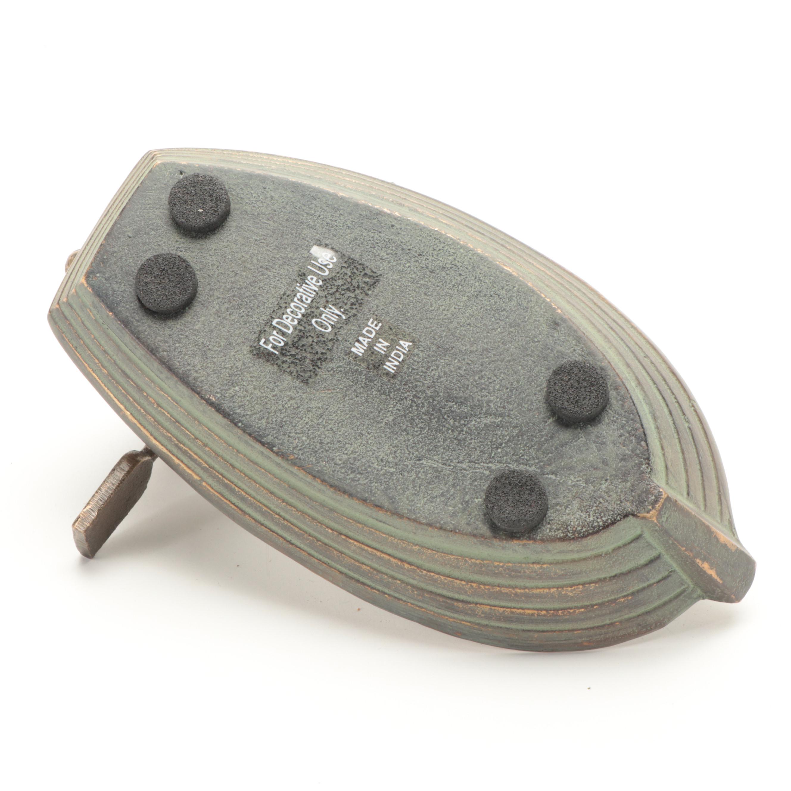 Patinated Cast Brass Rabbit in Rowboat Trinket Dish