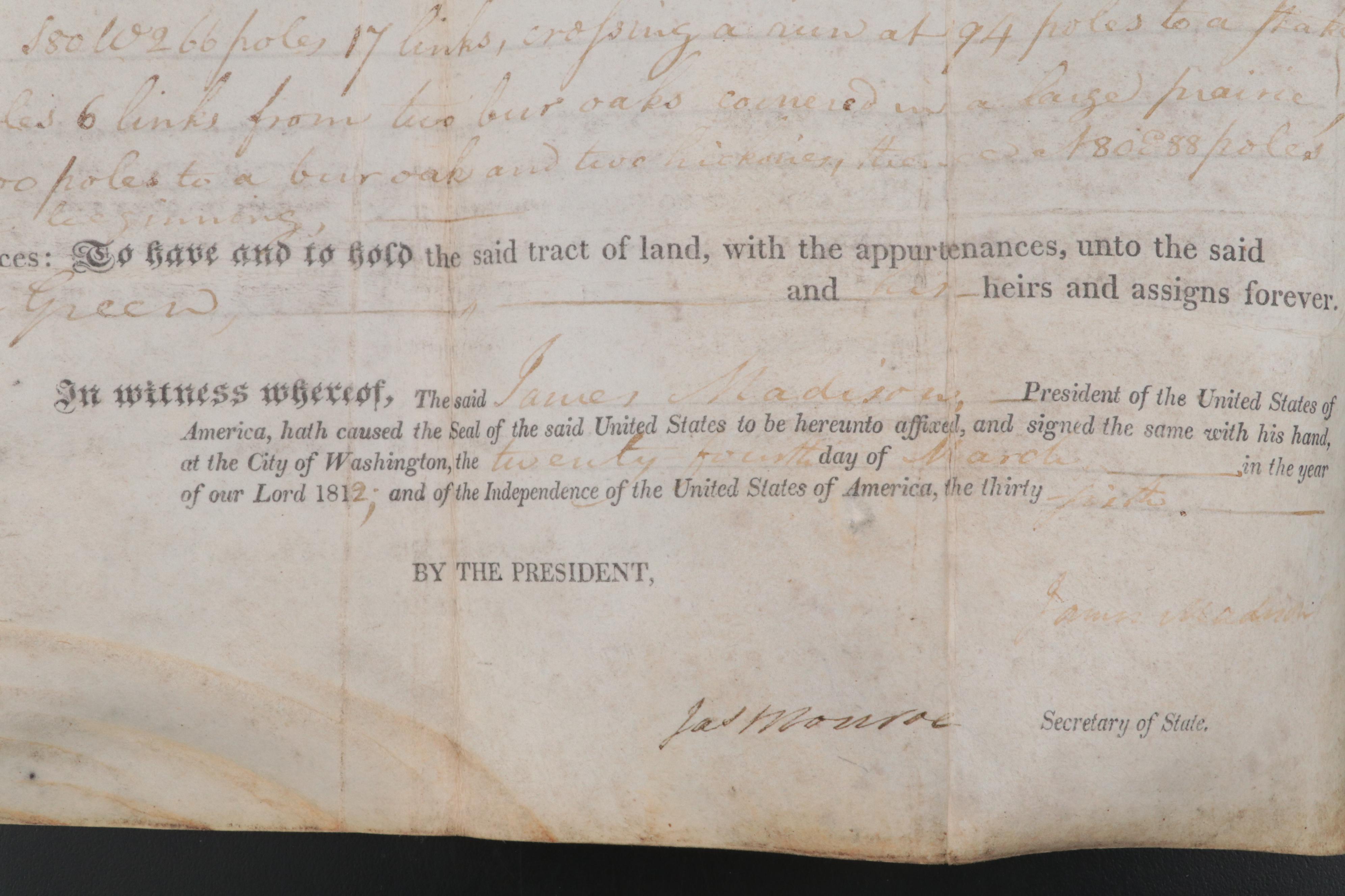 James Madison and James Monroe Land Grant Document Signed March 24, 1812