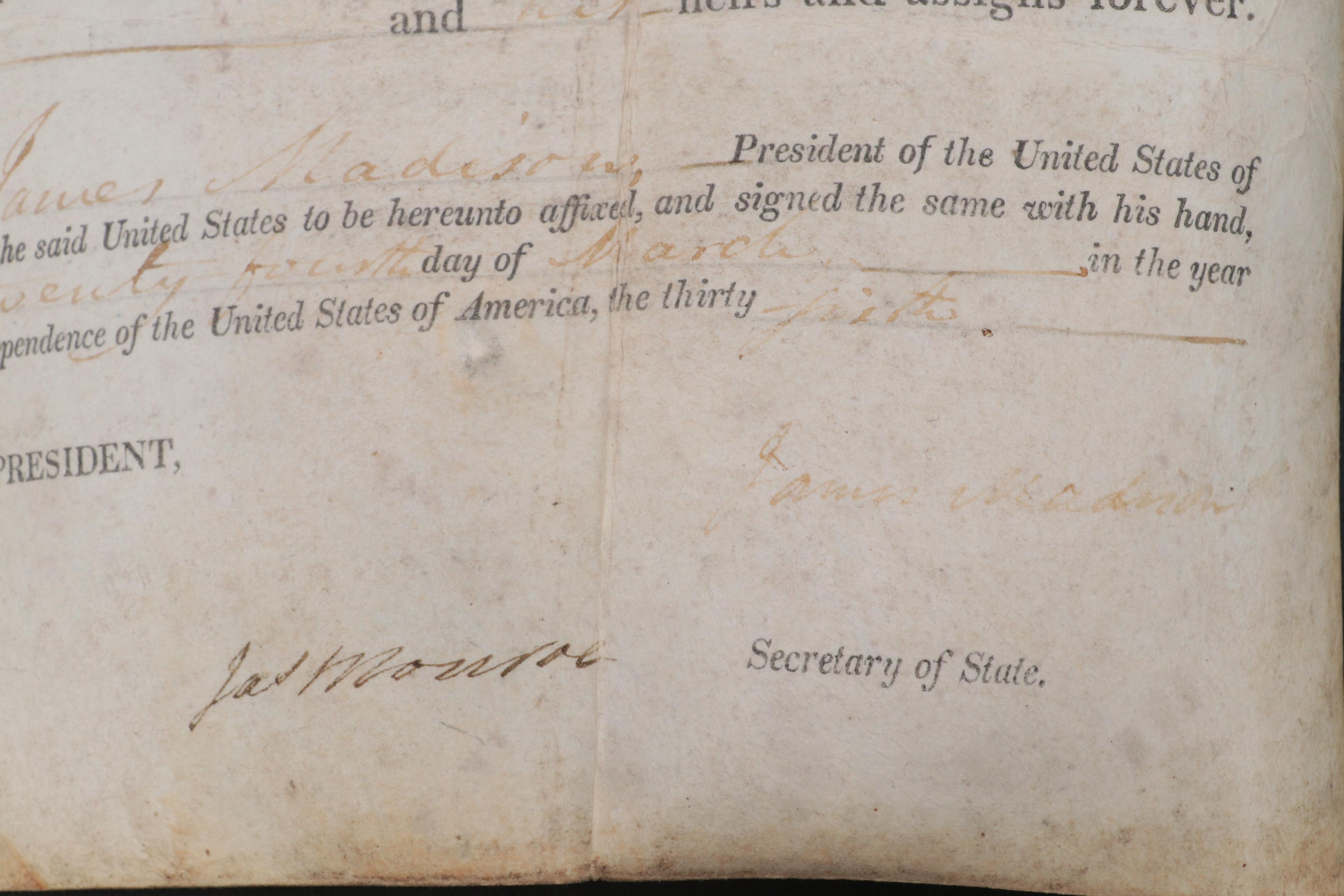 James Madison and James Monroe Land Grant Document Signed March 24, 1812