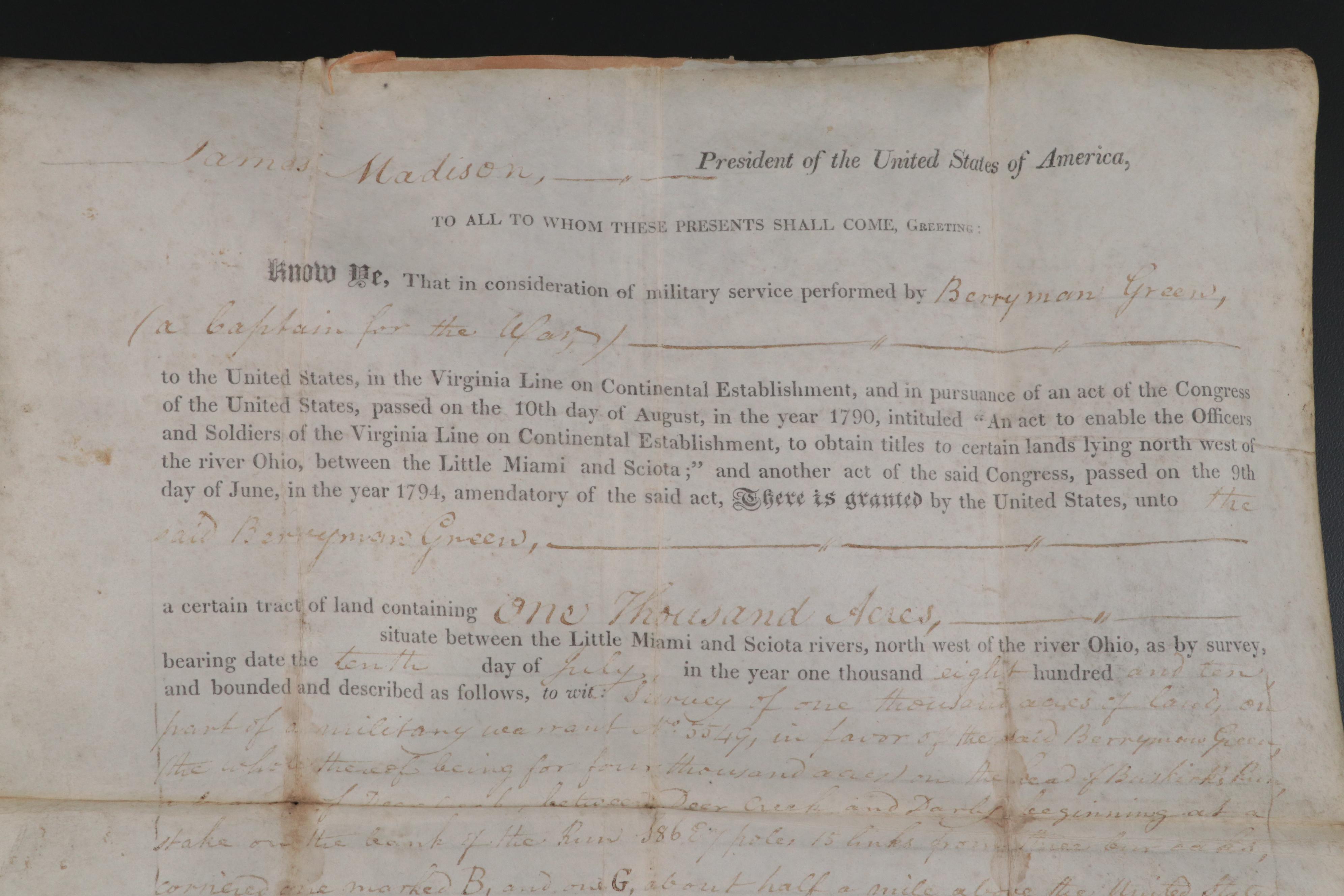 James Madison and James Monroe Land Grant Document Signed March 24, 1812