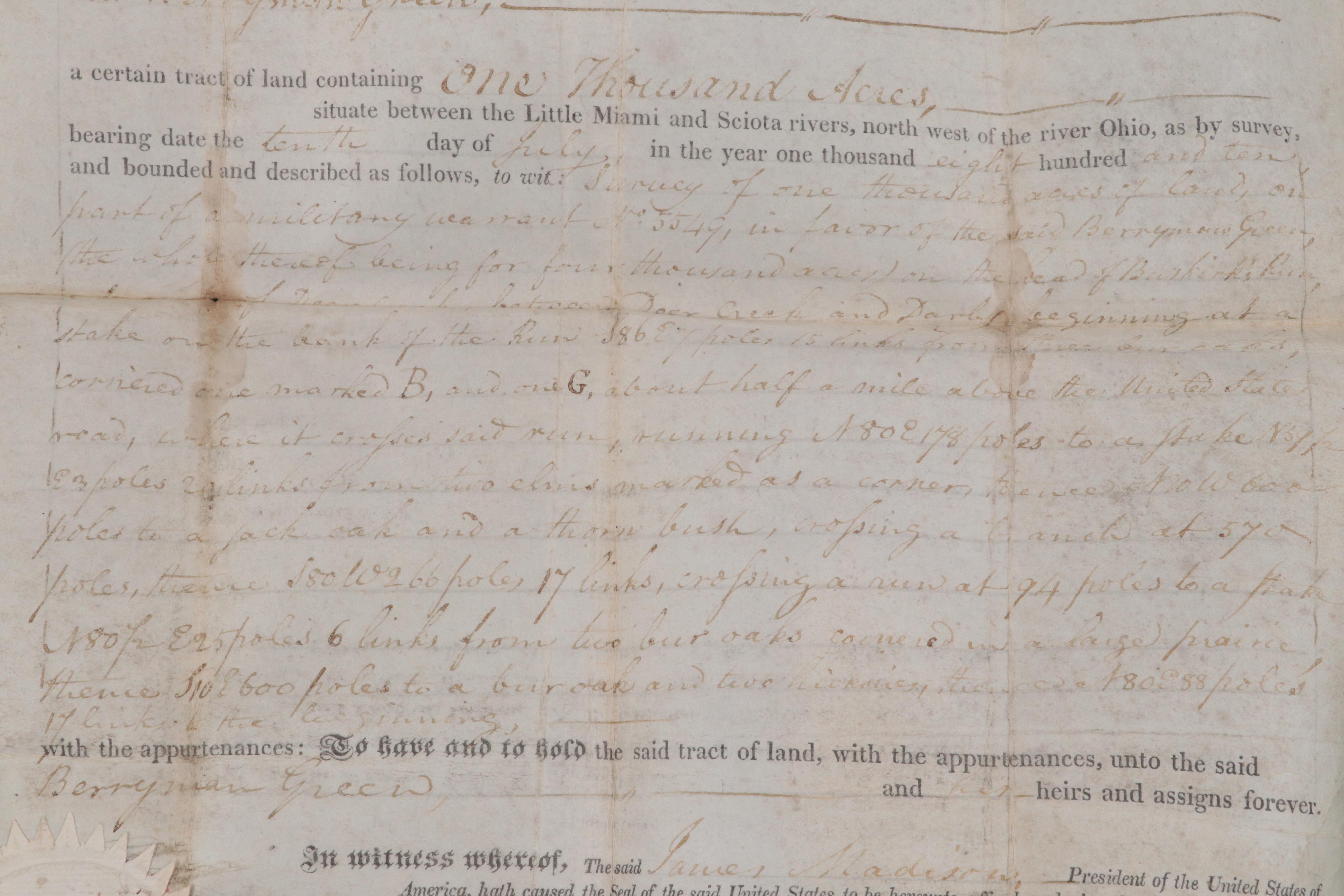 James Madison and James Monroe Land Grant Document Signed March 24, 1812