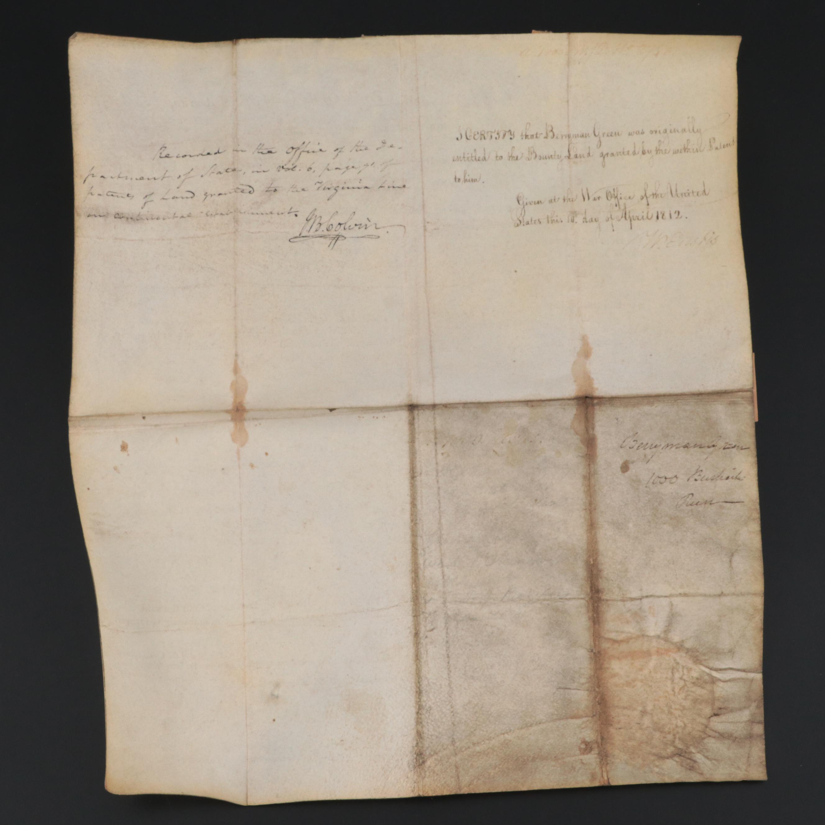 James Madison and James Monroe Land Grant Document Signed March 24, 1812