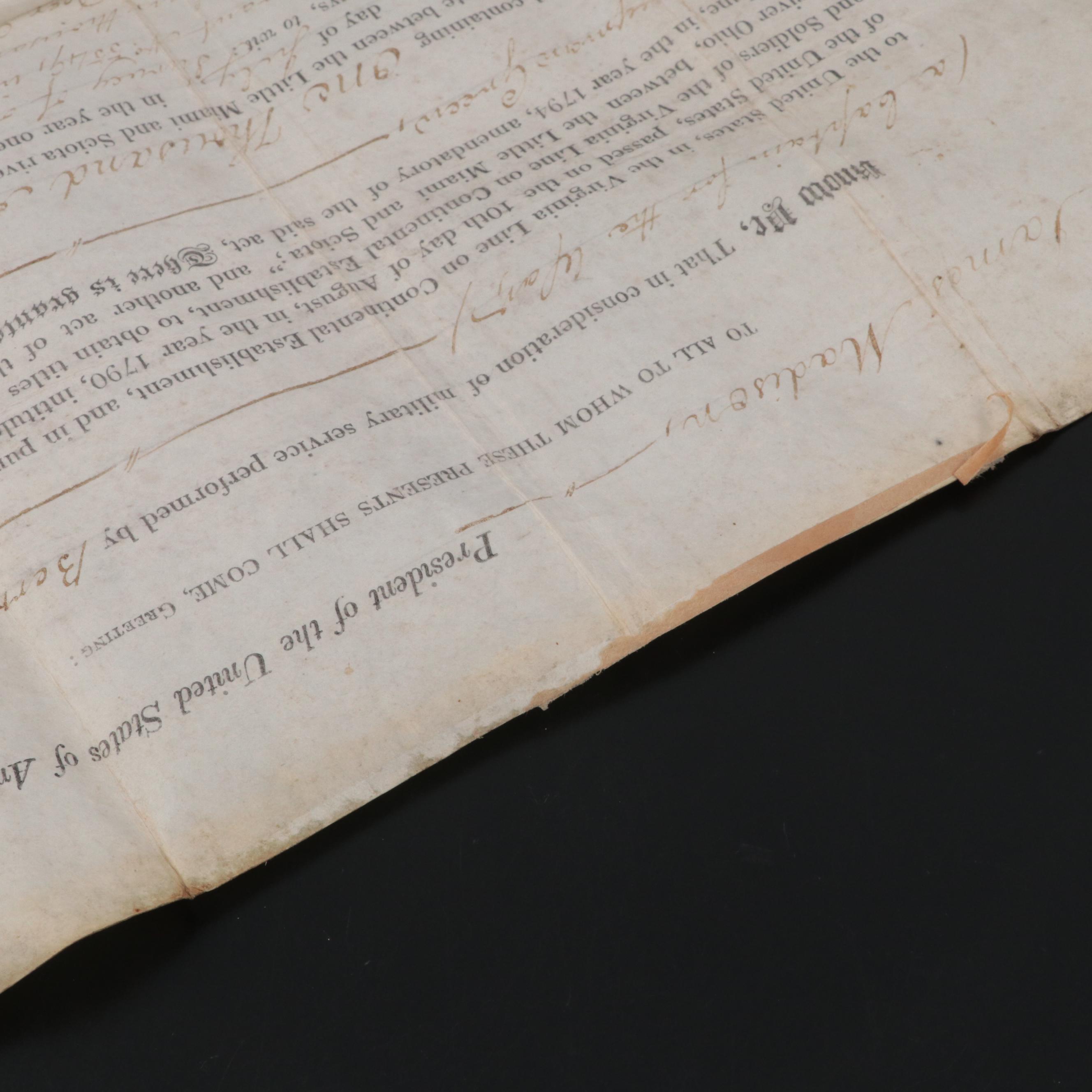 James Madison and James Monroe Land Grant Document Signed March 24, 1812