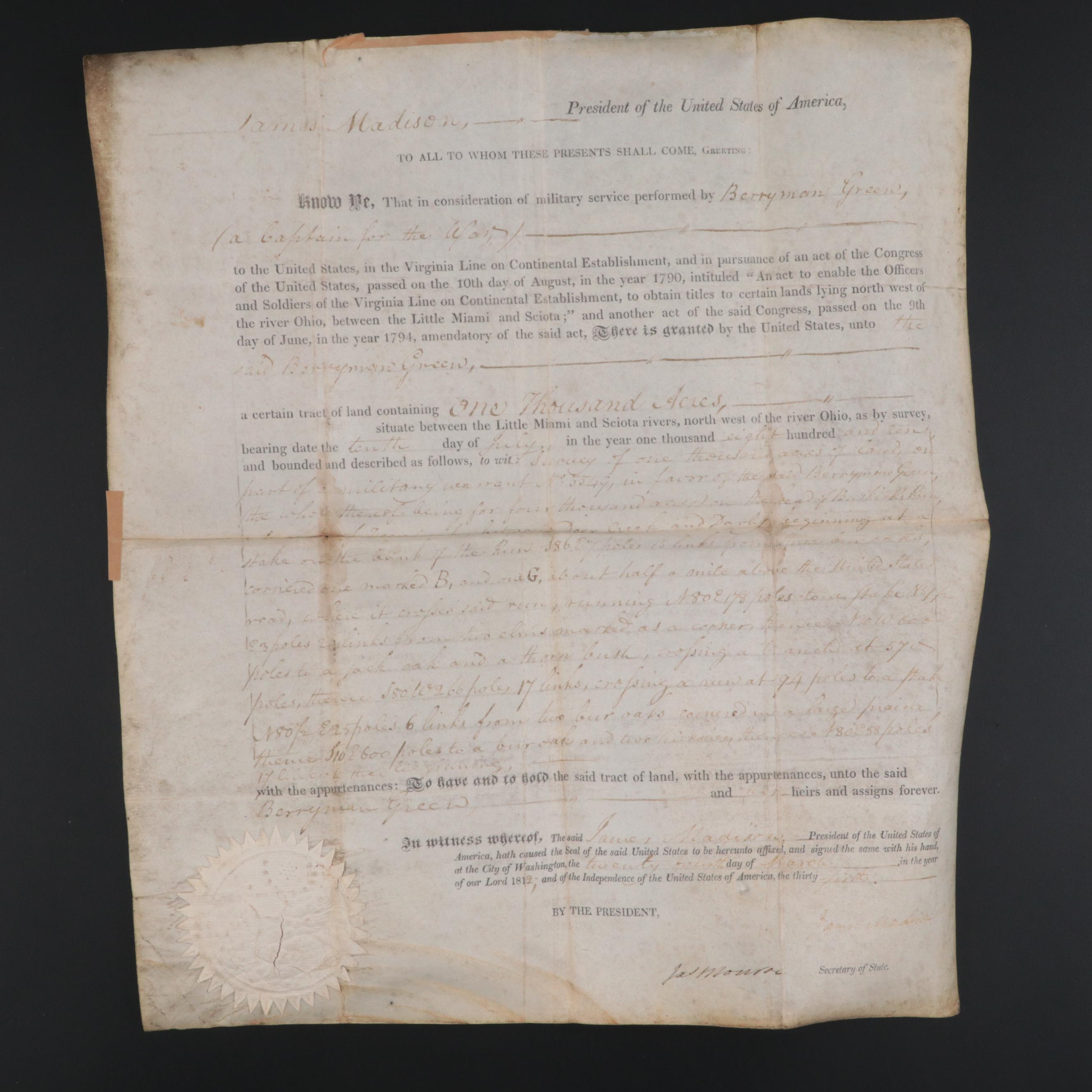 James Madison and James Monroe Land Grant Document Signed March 24, 1812