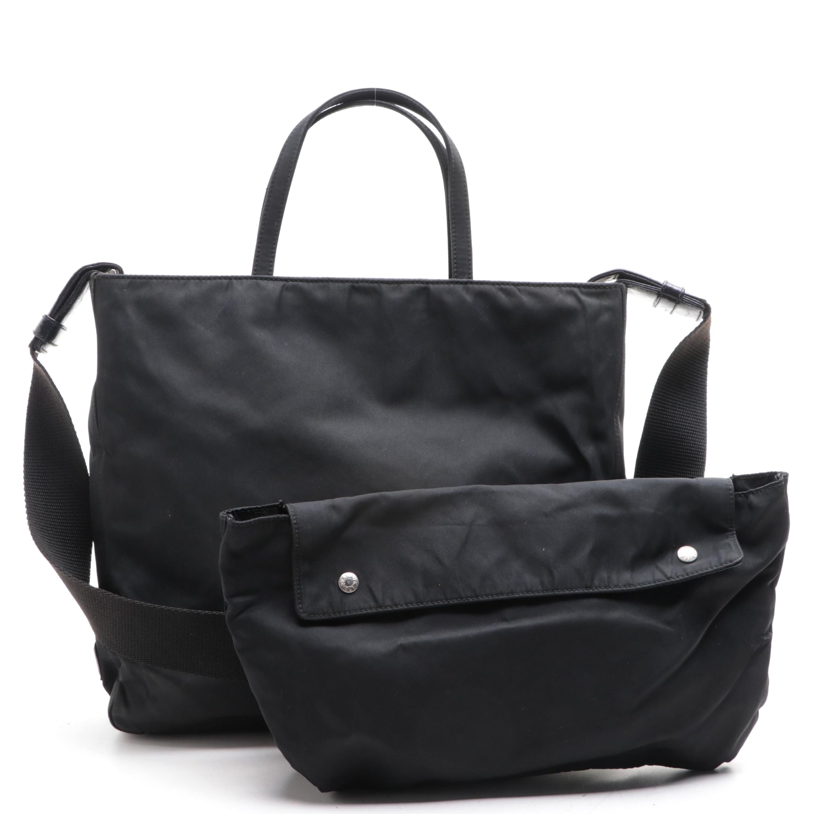 Prada Slim Tote Bag in Black Nylon Gabardine/Lambskin Leather with Strap