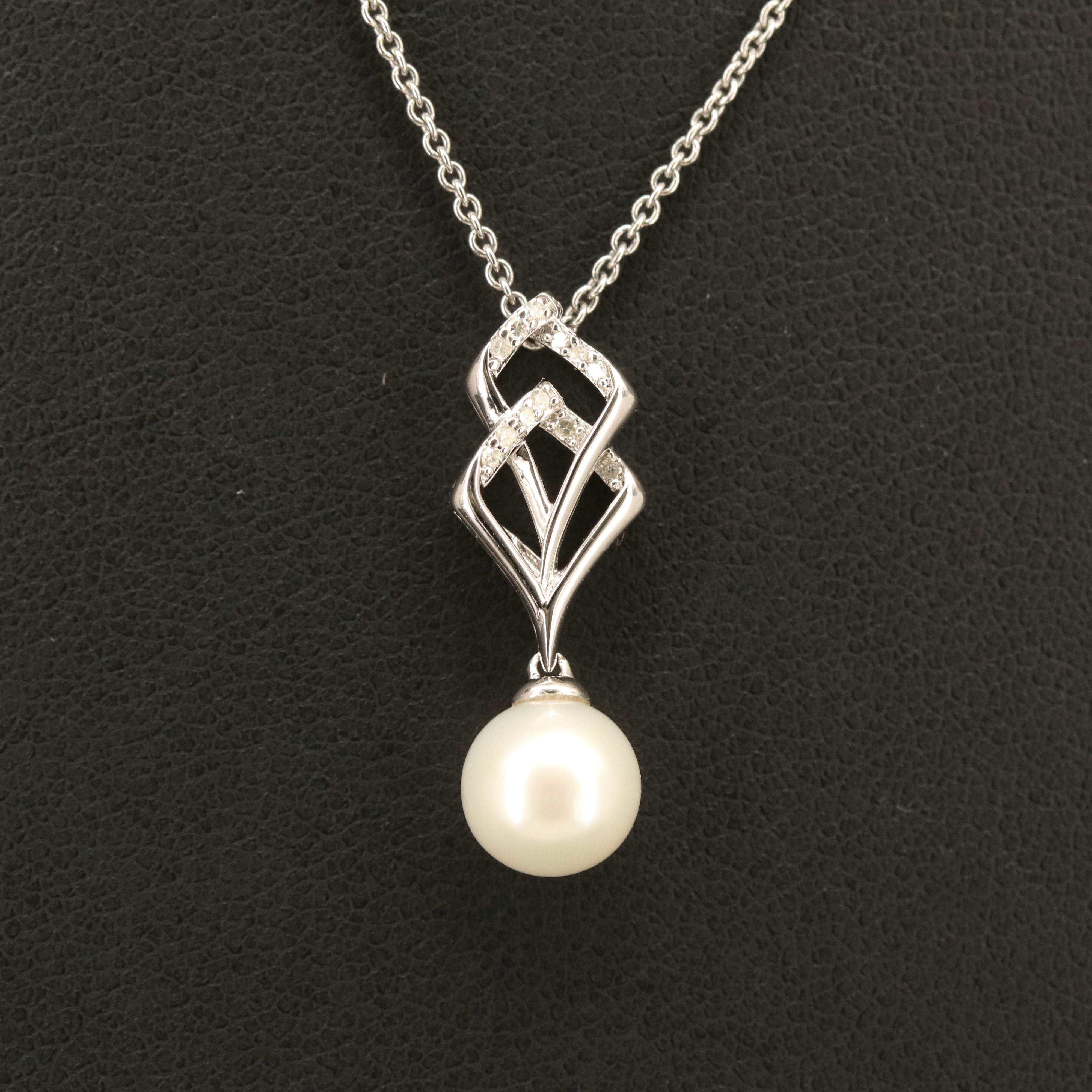 Sterling Pearl and Diamond Pendant Necklace