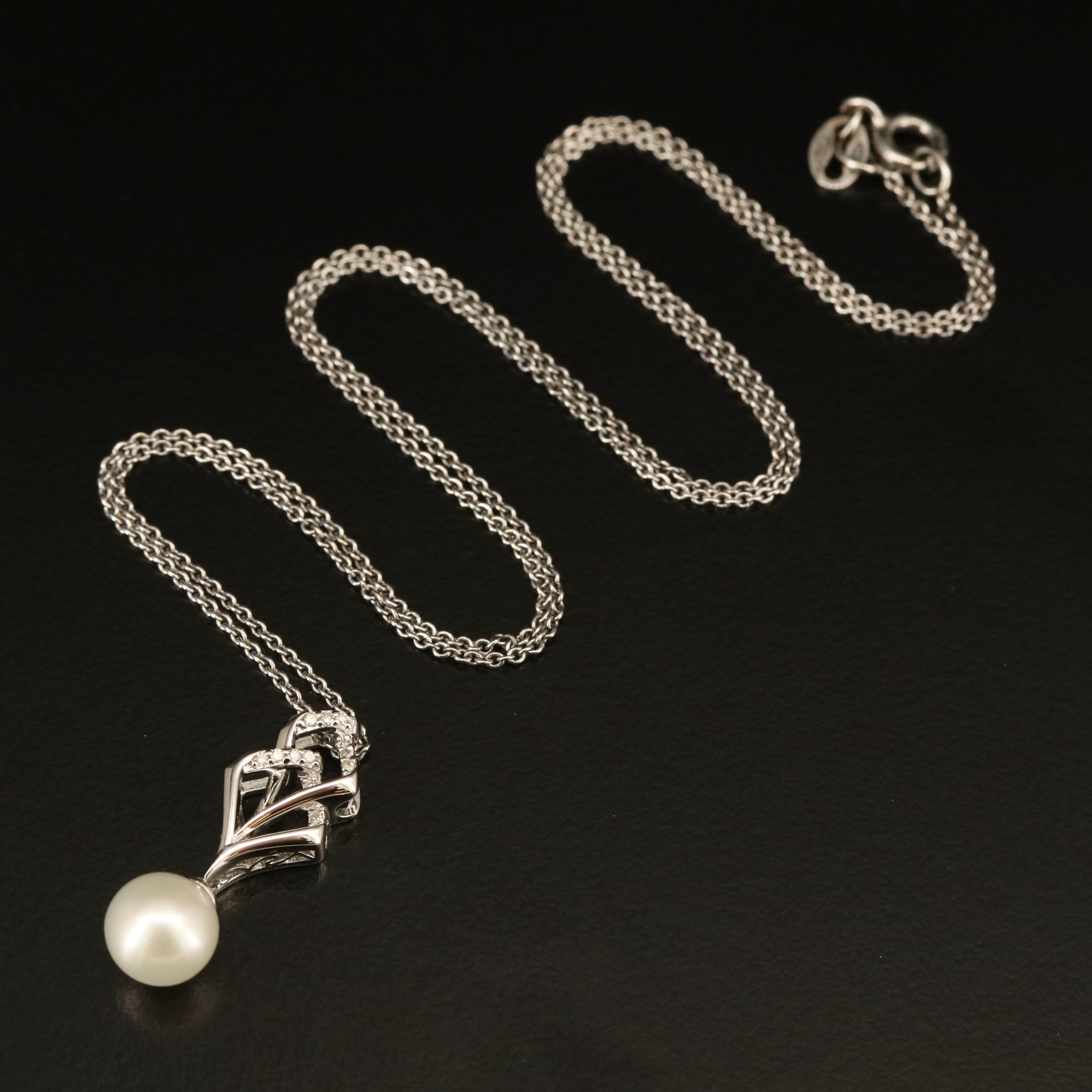 Sterling Pearl and Diamond Pendant Necklace